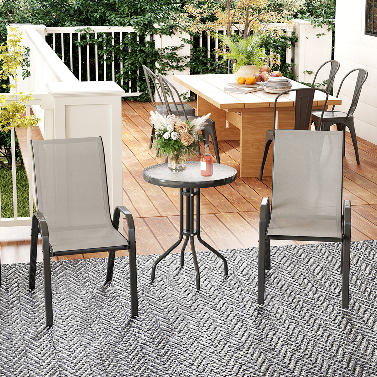 3 Pieces Bistro Set, Small Patio Furniture Set with Stackable Mesh Chairs, Glass Table for Garden, Balcony – Light Grey