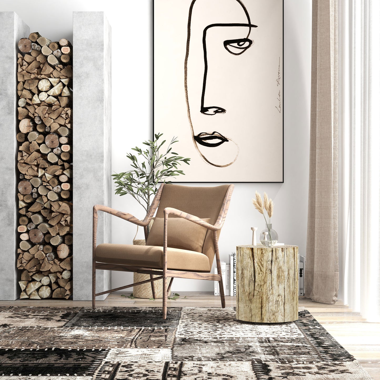 HOMCOM Natural Concrete Tree Stump End Table, Indoor Outdoor Garden Stool