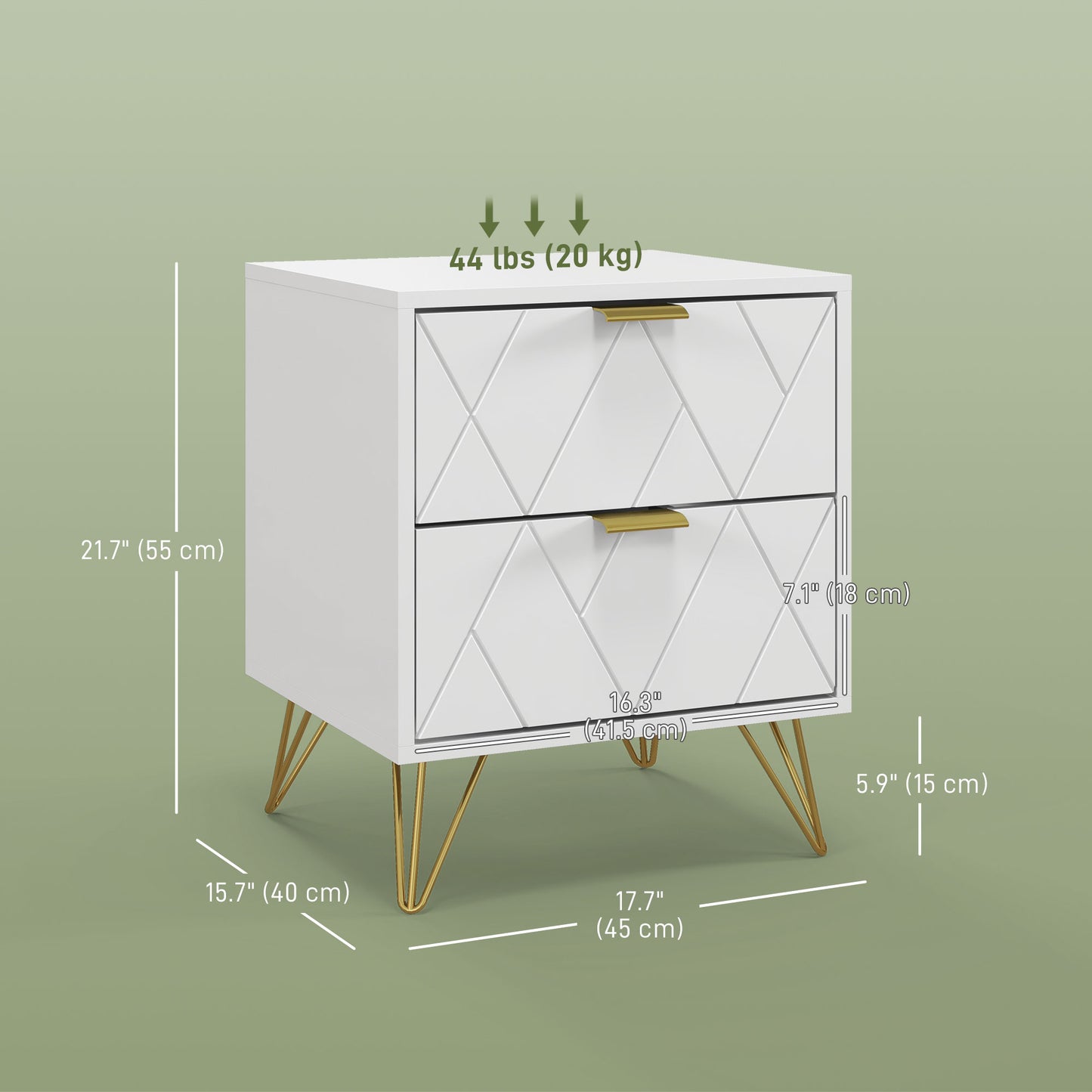 Modern White Bedside Table Accent Nightstand with 2 Storage Drawers, Hairpin Legs