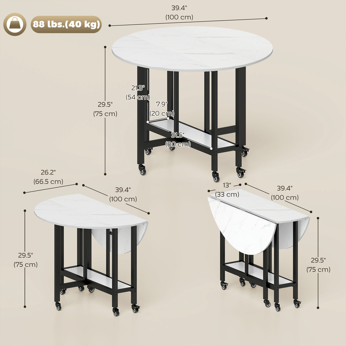 39" Round Folding Dining Table with Open Shelf and Lockable Wheels