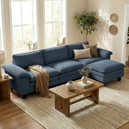 Deep-Seat L-Shaped Sectional with Movable Ottoman – Blue