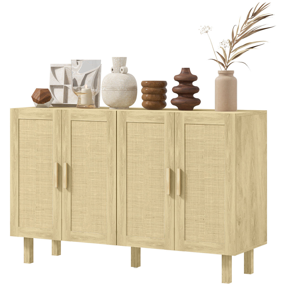Boho Sideboard Buffet Cabinet with 4 Rattan Doors and Adjustable Shelves – 47"W x 30"H