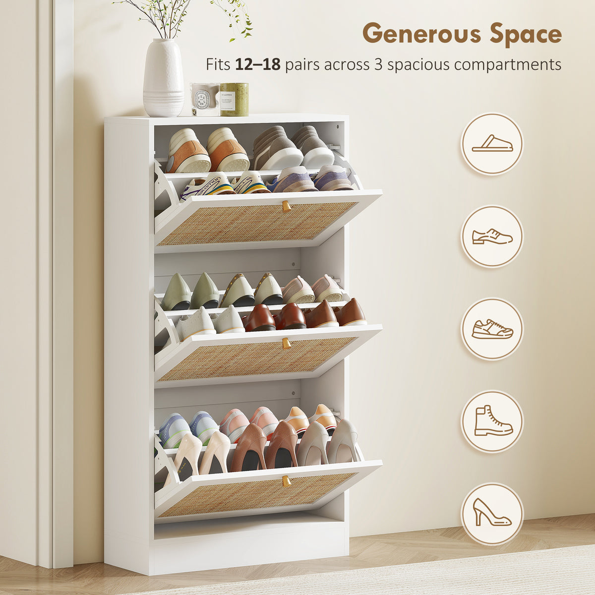 Rattan Shoe Storage Cabinet with 3 Flip Drawers – 24"W x 45"H