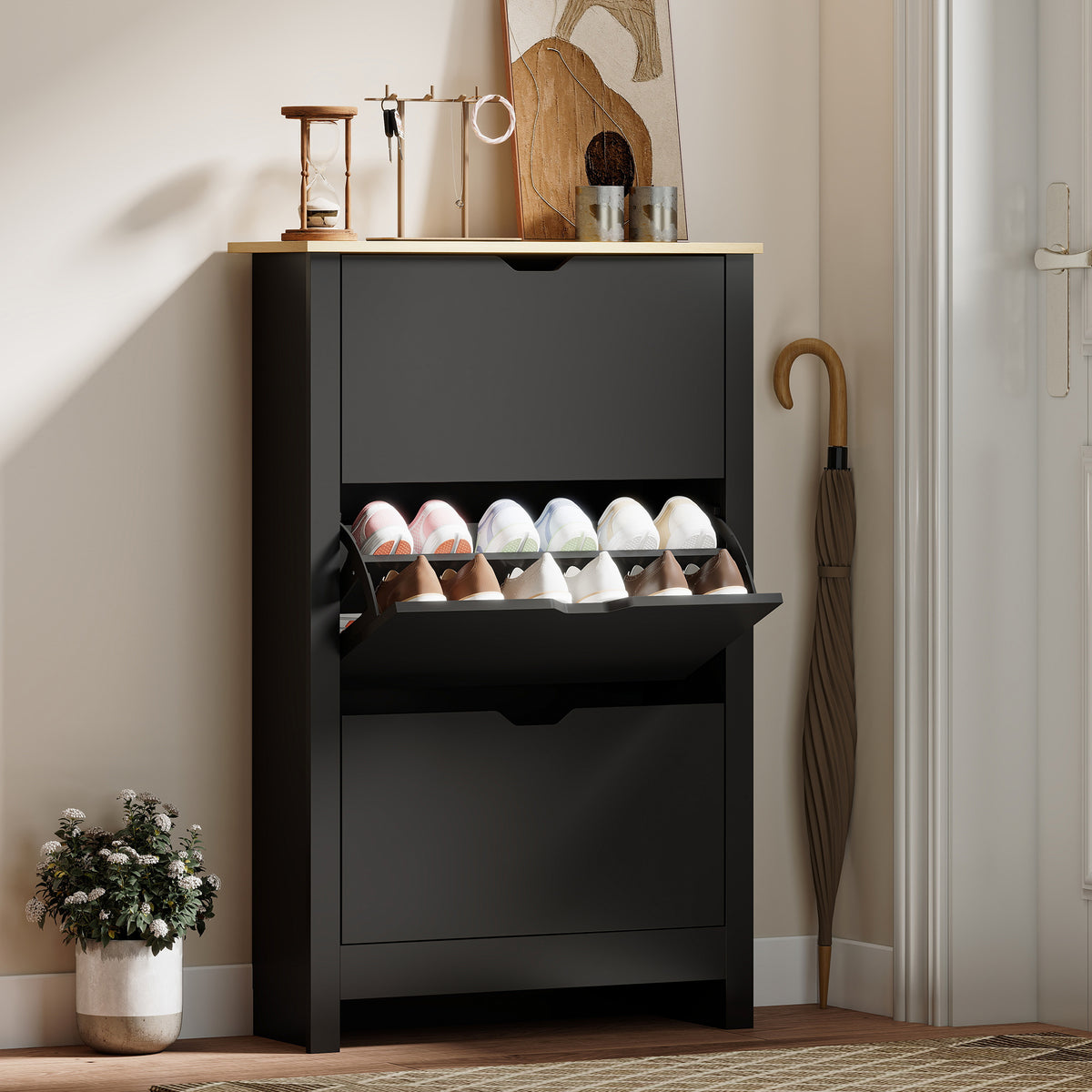 Shoe Storage Cabinet with 3 Flip Drawers – 28"W x 44"H