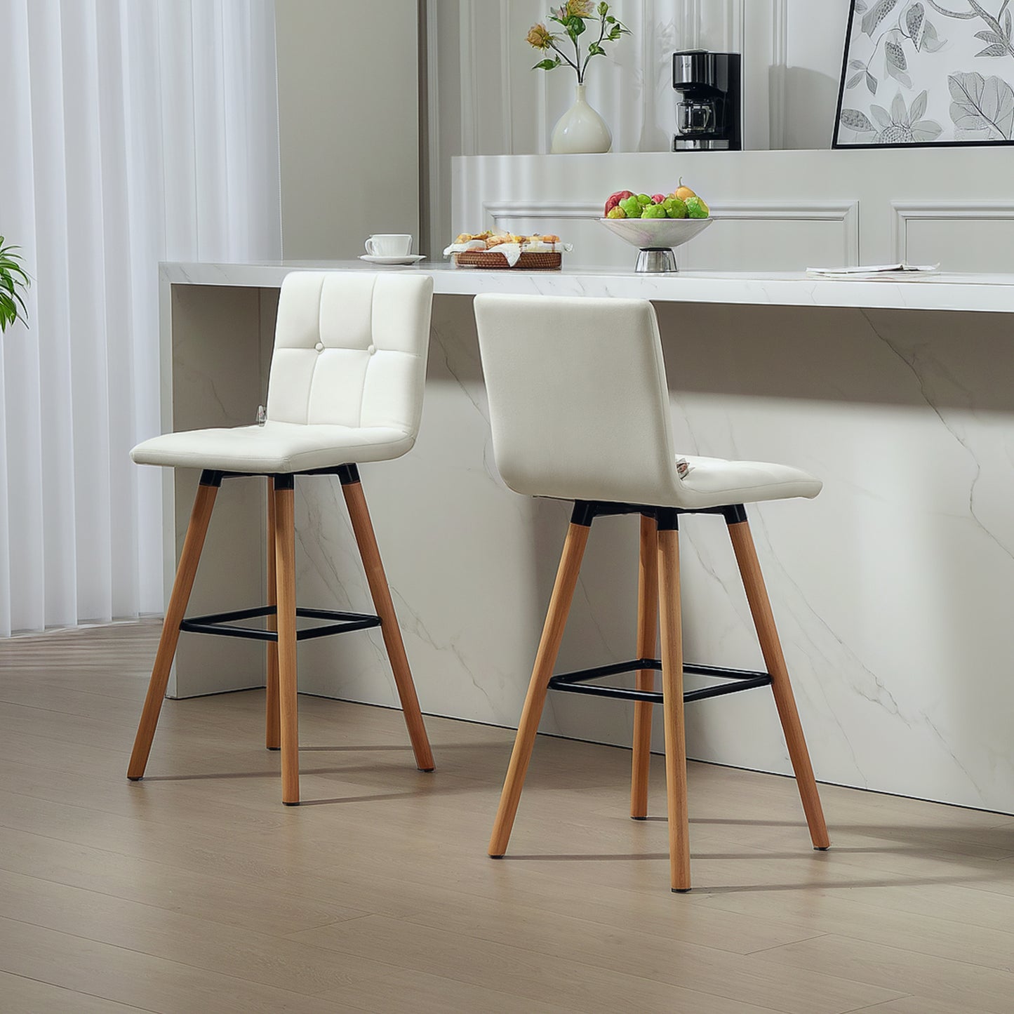 Stylish Upholstered Modern Kitchen Bar Stools Set of 2, Solid Wood Legs