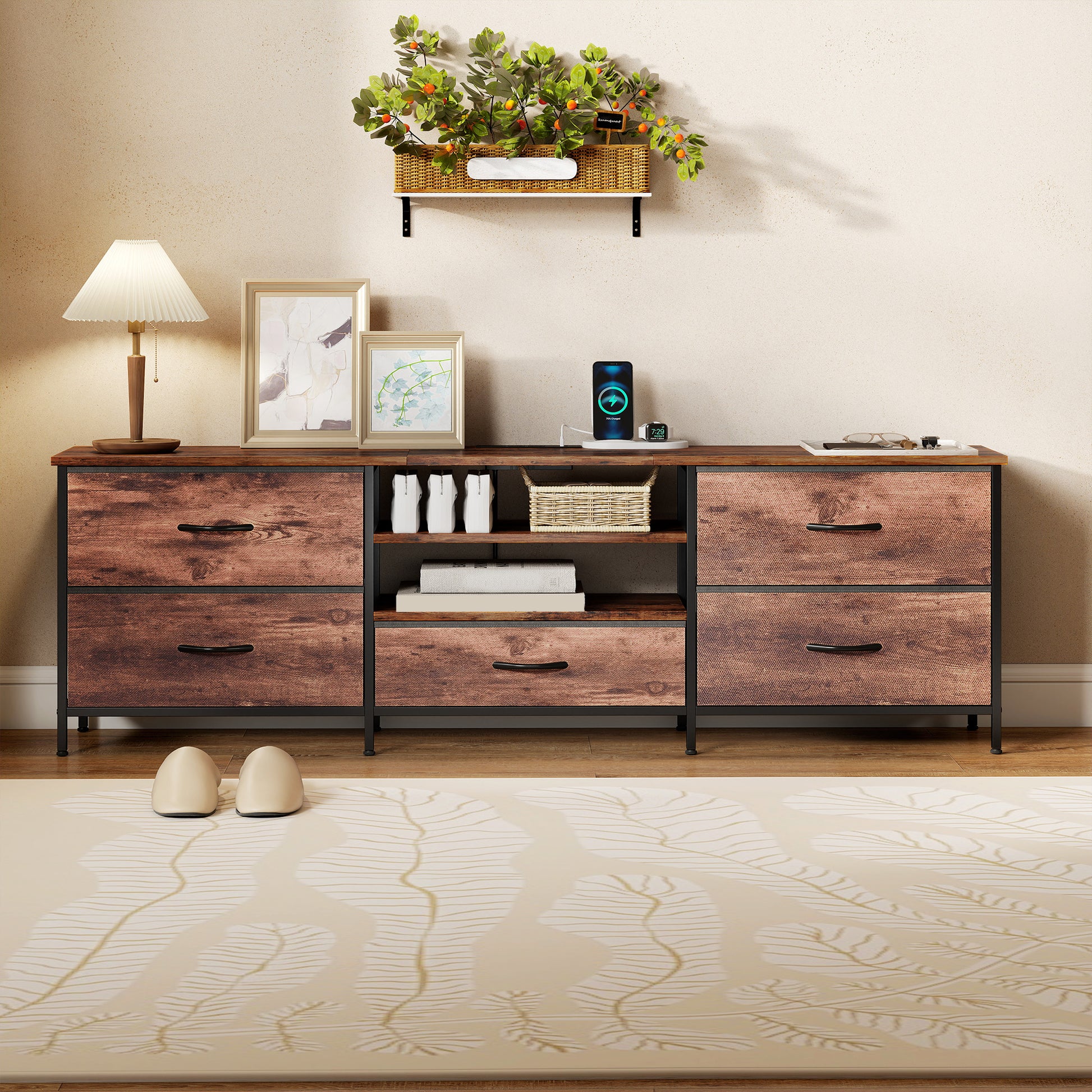 HOMCOM TV Stand for TVs up to 70 Inch, Industrial TV Console with Charging Station, 5 Drawers and Open Shelves, Rustic Brown