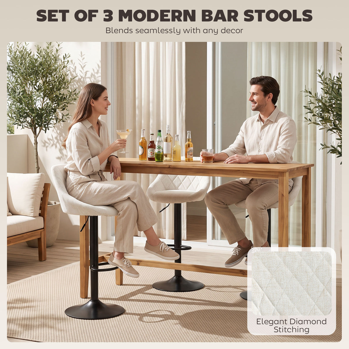 Linen-Look Swivel Counter Stools with Back, Set of 3, Cream White