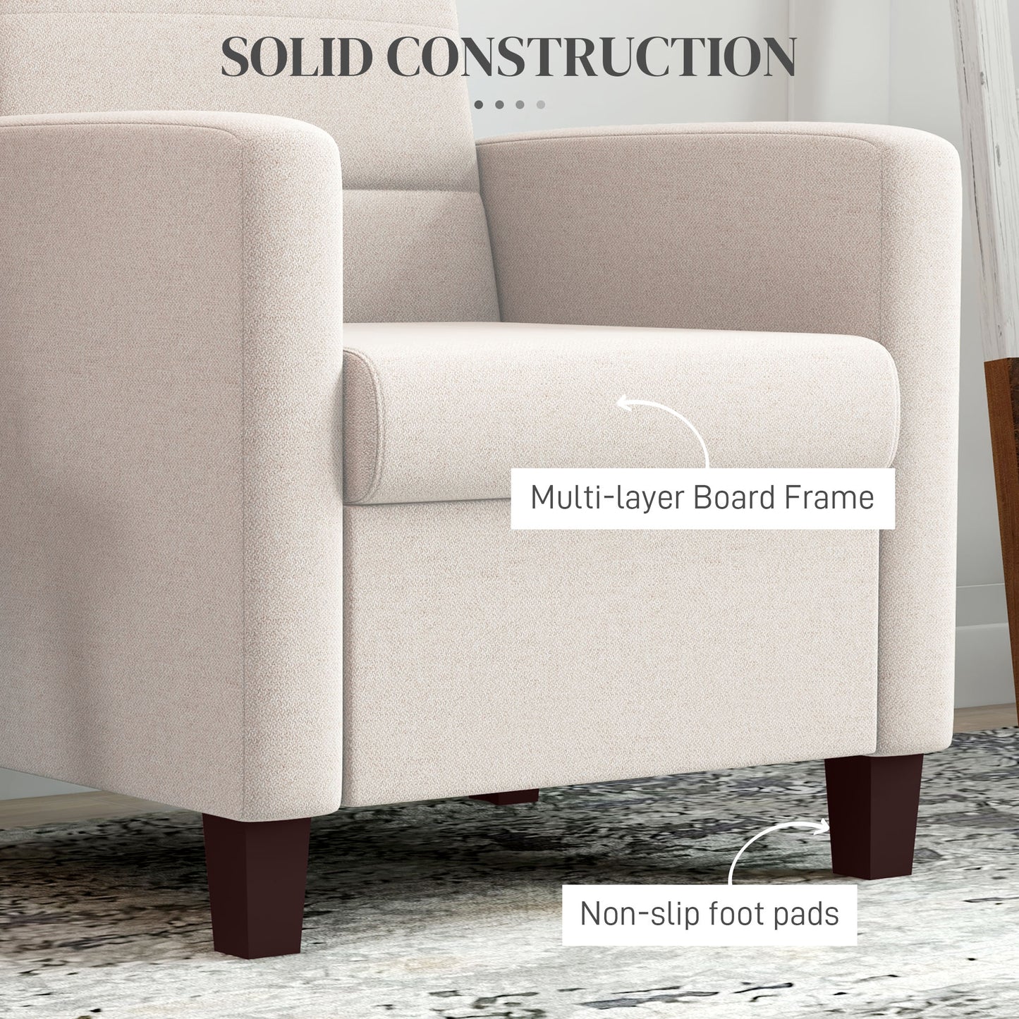 Modern Cream White Fabric Accent Armchair with Supportive Cushion & Non-Slip Pads