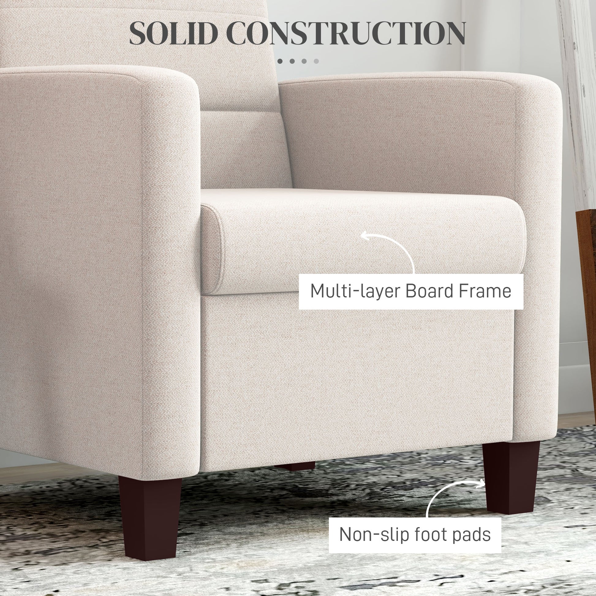 Modern Cream White Fabric Accent Armchair with Supportive Cushion & Non-Slip Pads