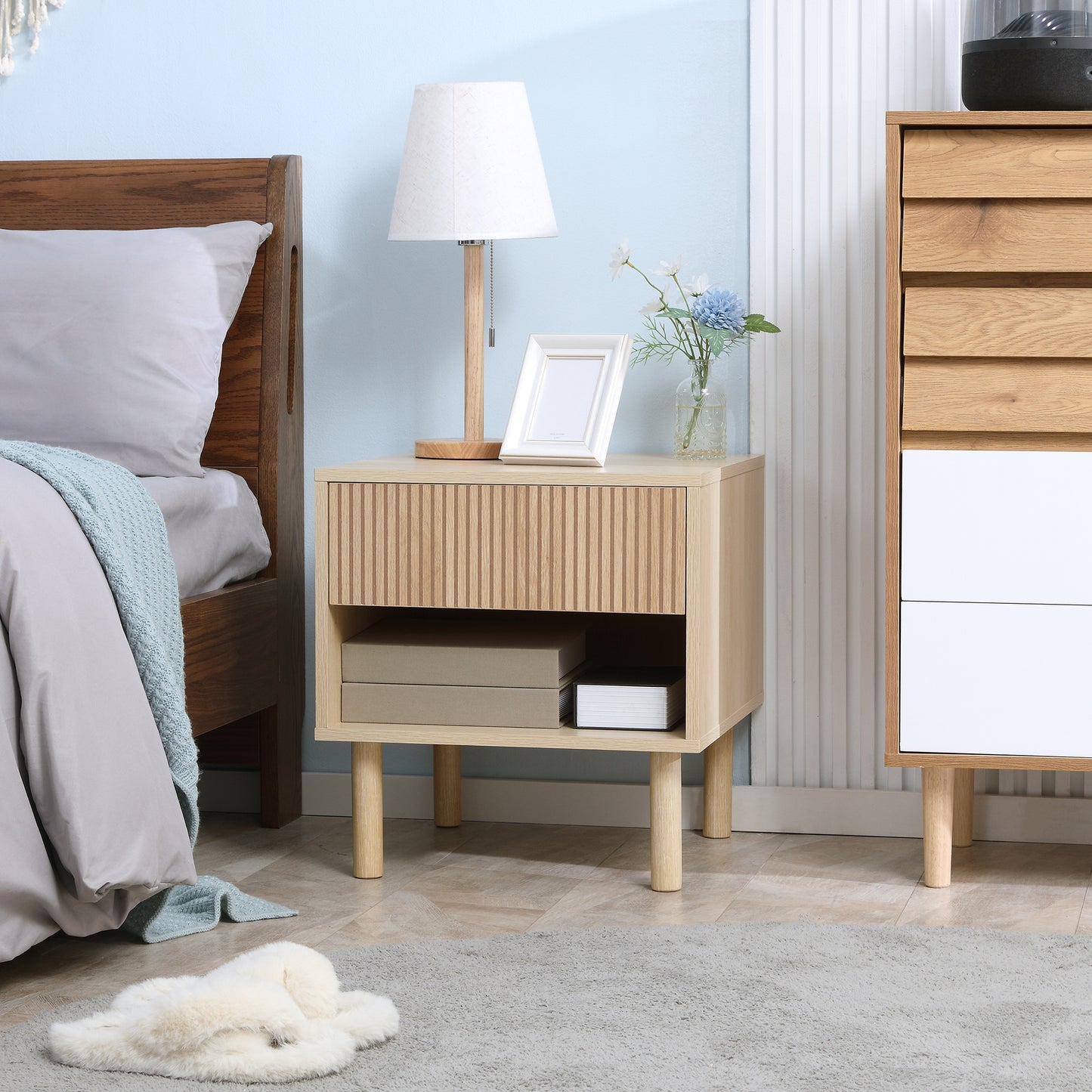 HOMCOM Modern Natural Wood Bedside Table with Drawer, Open Shelf Storage