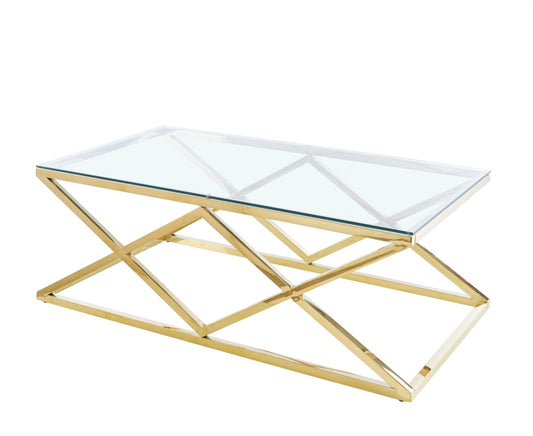Glass Coffee Table with Gold Criss-Cross Base