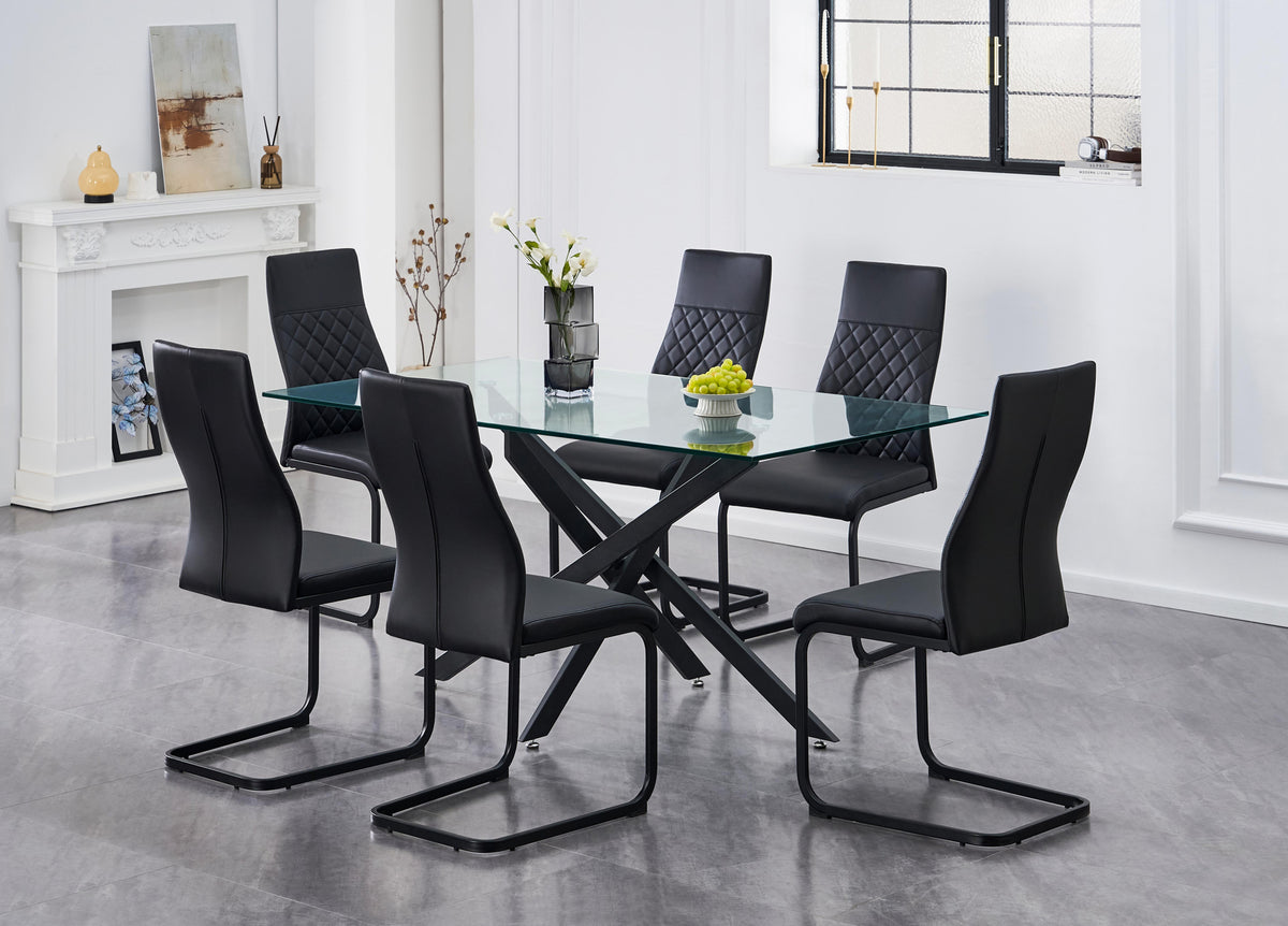 Glass Dining Set with Black X-Base & Diamond-Stitch Chairs