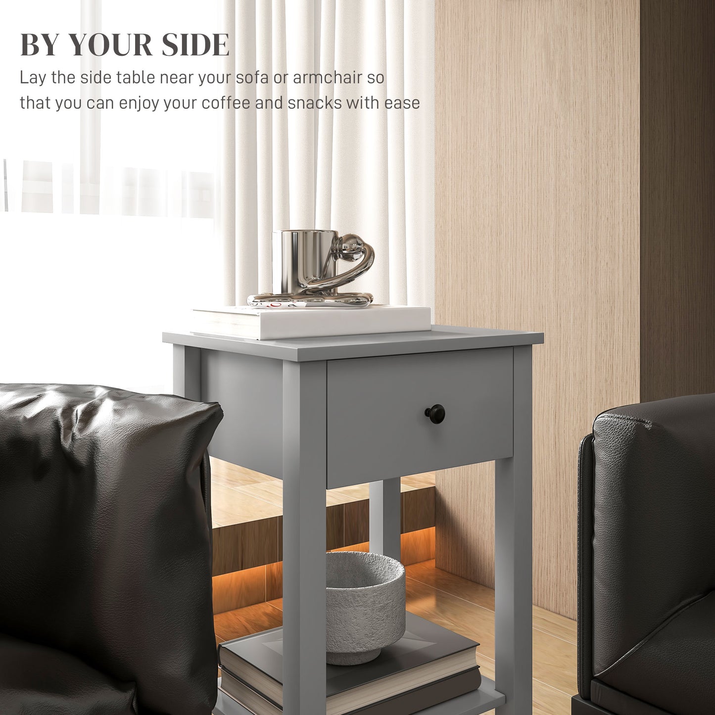 HOMCOM Grey 2-Piece End Tables with Drawer and Bottom Shelf