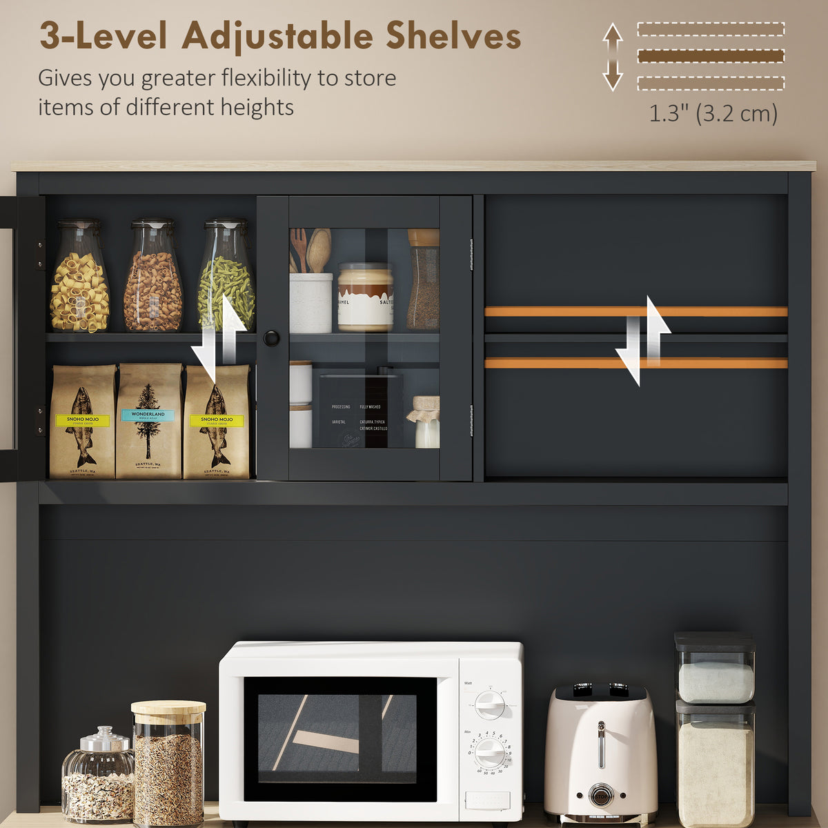 Kitchen Pantry with Charging Station, Microwave Stand and Trash Can Cabinet – 44"W x 69"H