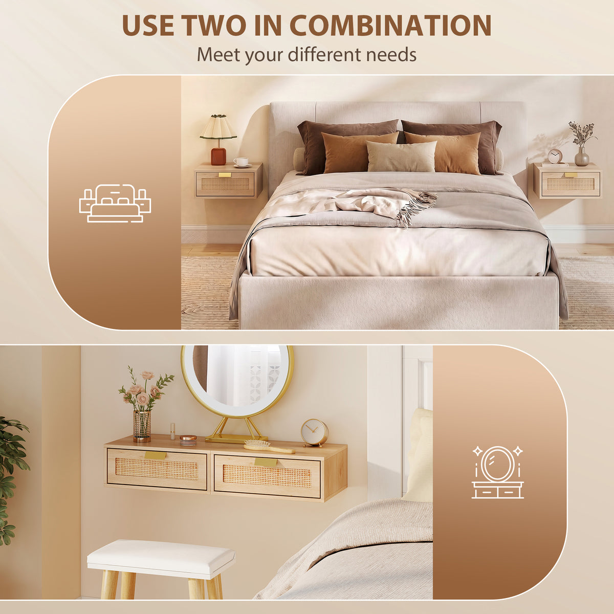 Floating Nightstands with Rattan Drawer, Set of 2 – 16"W x 6"H