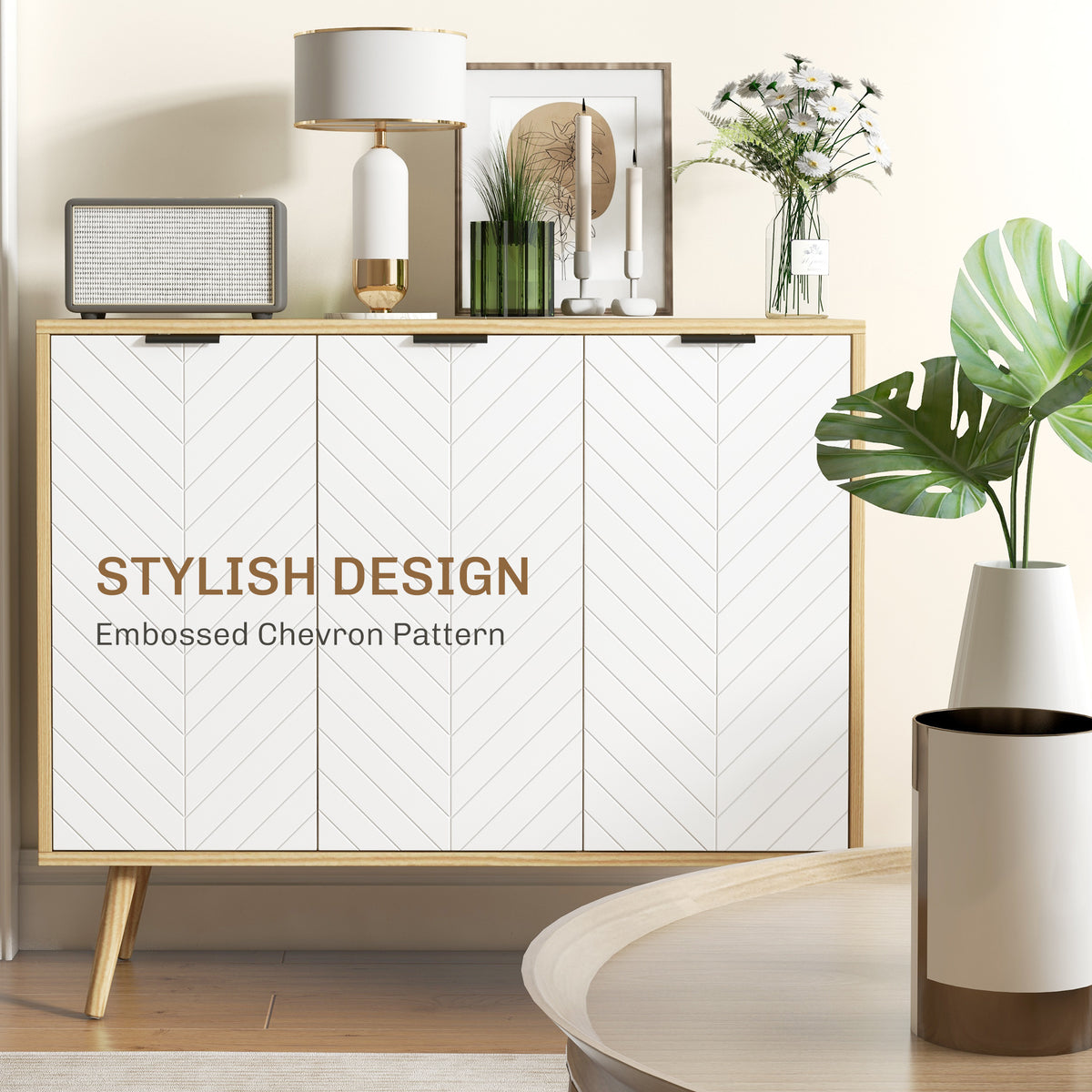 Modern Sideboard and Buffet with Adjustable Shelves and 3 Doors – 36"W x 31"H
