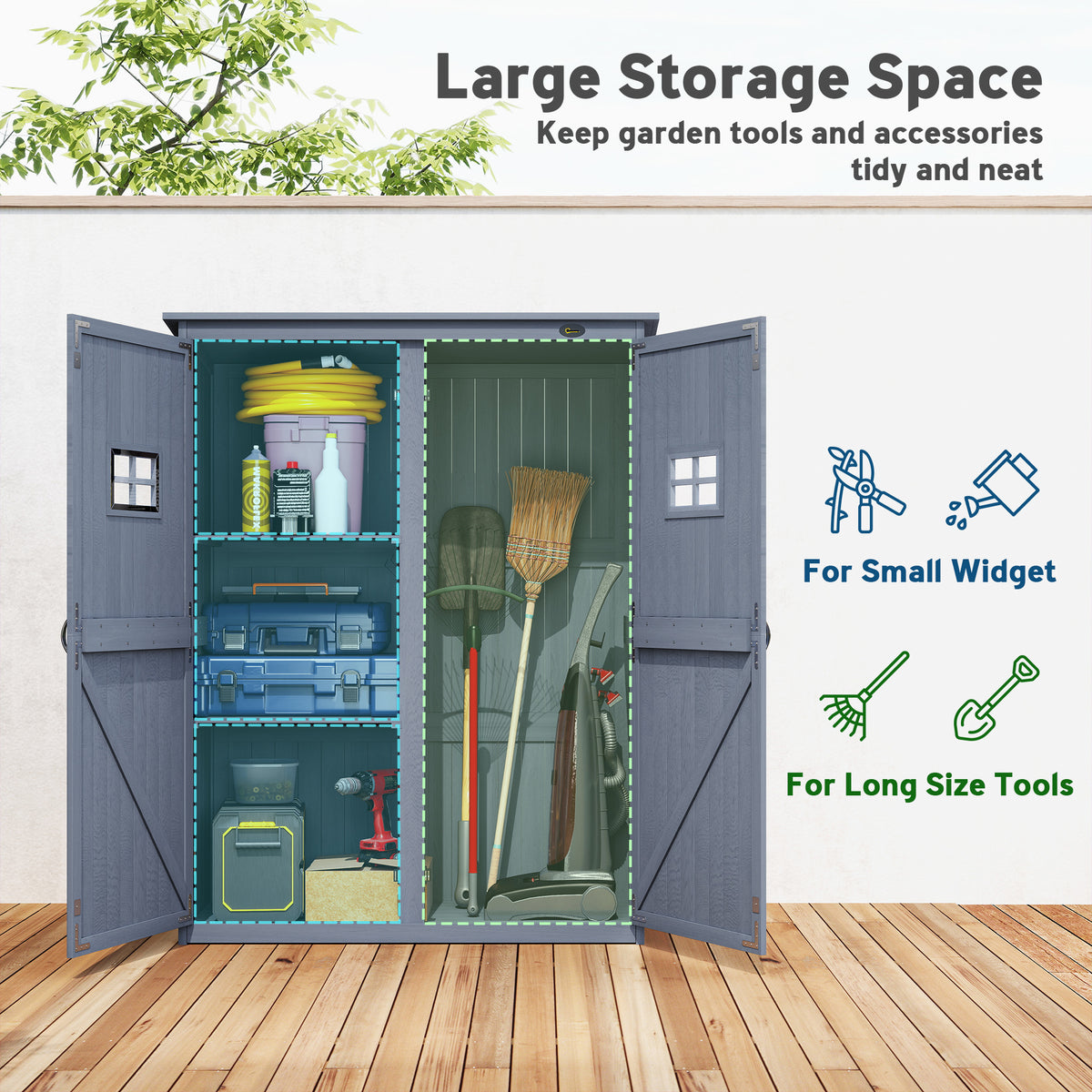 4' x 1.5' Wooden Garden Storage Shed, Outdoor Tool Cabinet Organizer with Windows and Double Door – Dark Grey