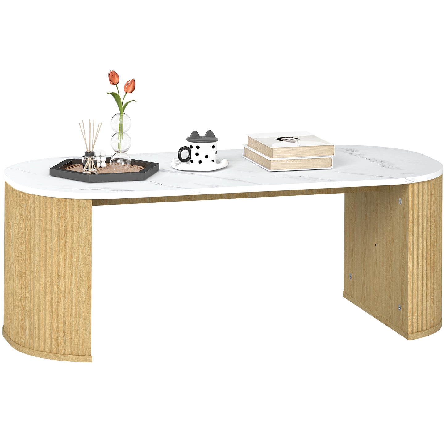 Modern Marble-Effect Coffee Table with Rounded Corners and Natural Wood Legs