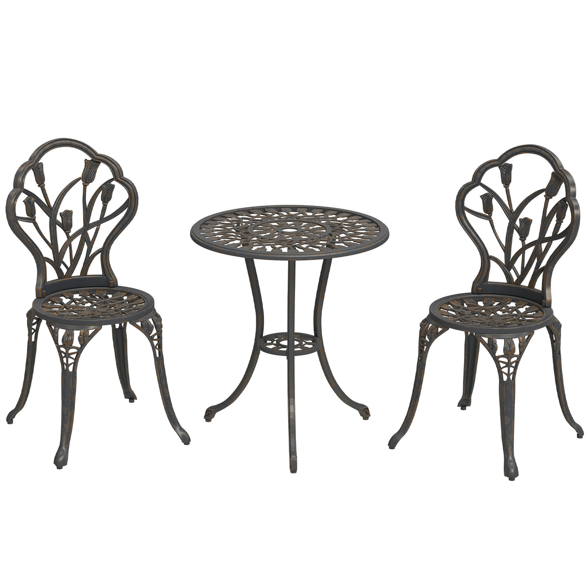 3PCs Patio Bistro Set, Outdoor Cast Aluminum Garden Table and Chairs with Umbrella Hole for Balcony, Bronze – Bronze