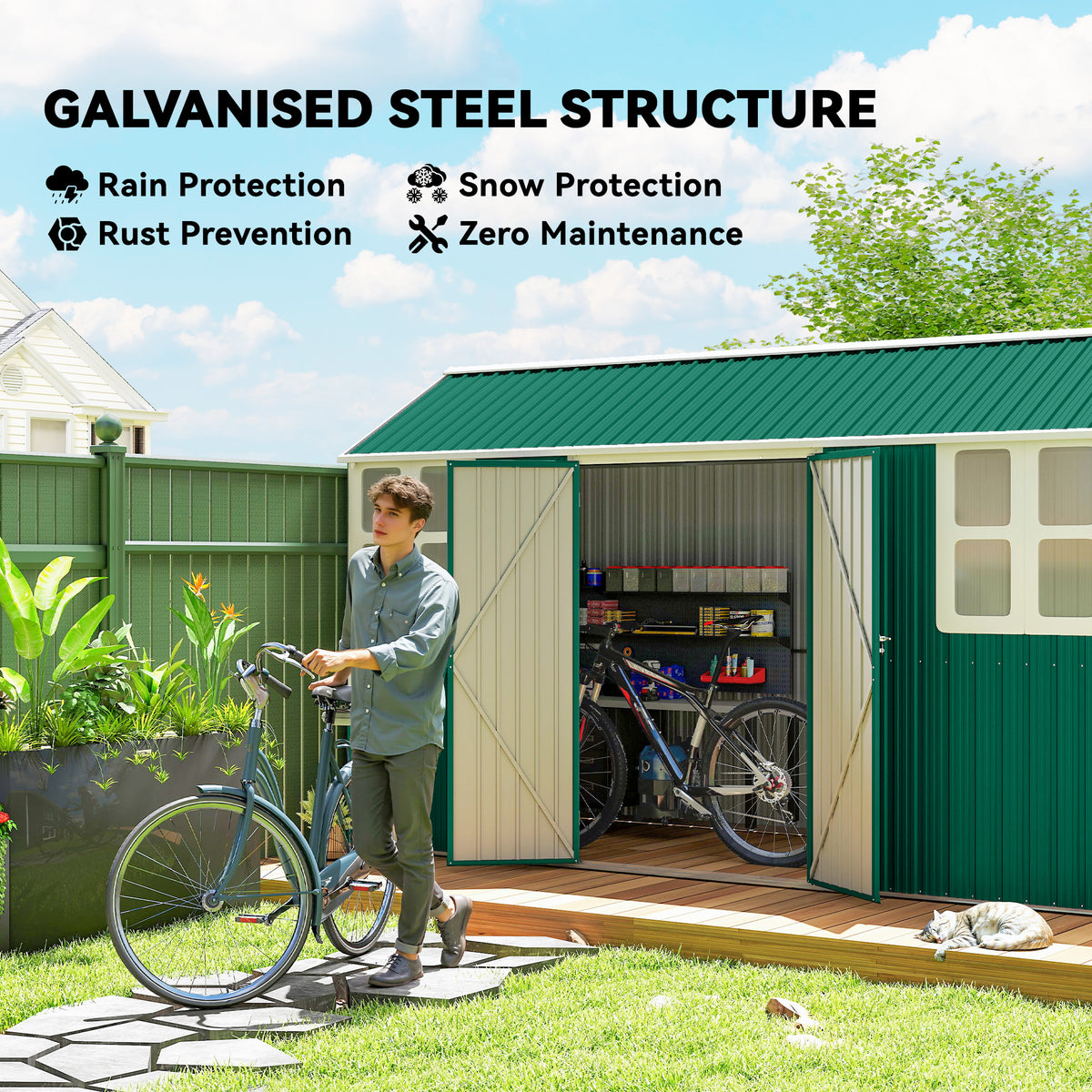 12' x 5.5' Metal Garden Storage Shed, Outdoor Tool Storage House with Lockable Door, Vents, Sloped Roof – Green