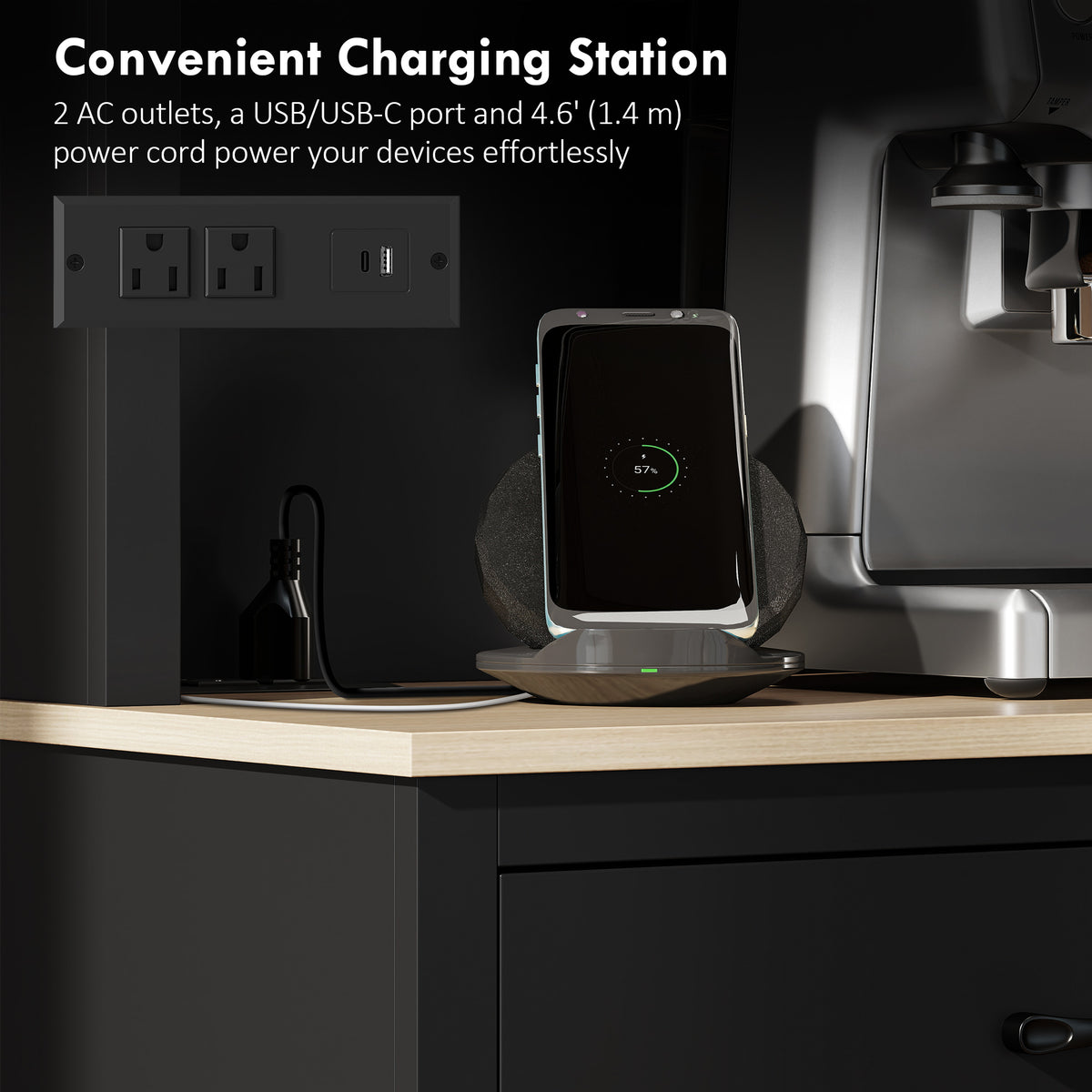 Kitchen Pantry with Charging Station, Microwave Stand and Trash Can Cabinet – 44"W x 69"H