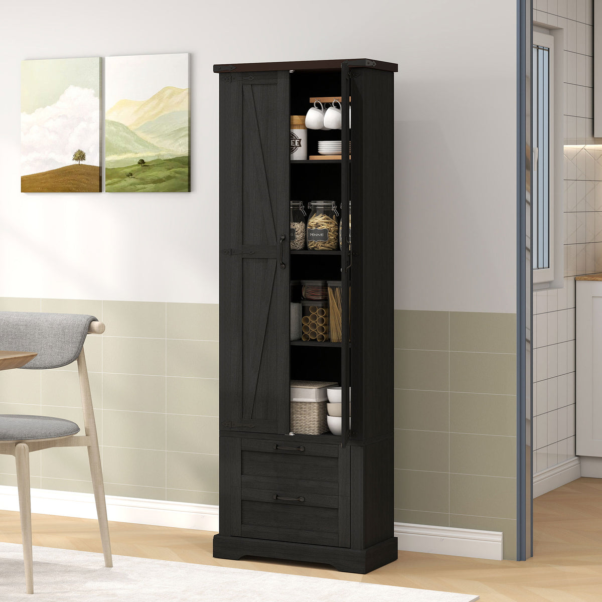Farmhouse Kitchen Storage Cabinet with 2 Drawer and Adjustable Shelves – 24"W x 71"H