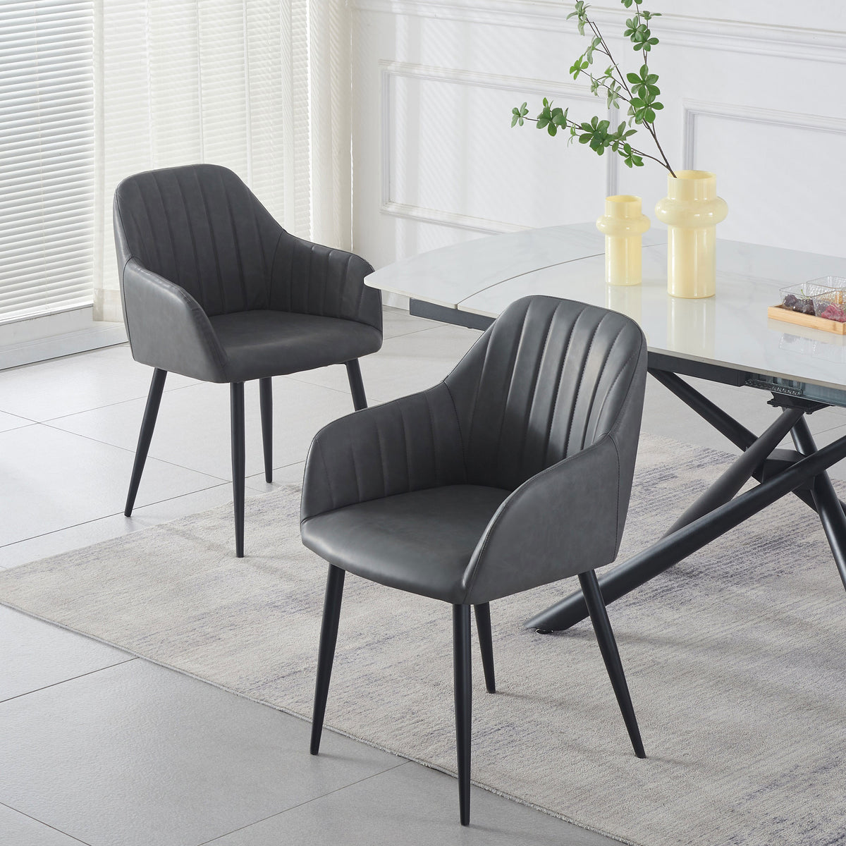 Grey PU Channel-Stitch Dining Armchair – Set of 2
