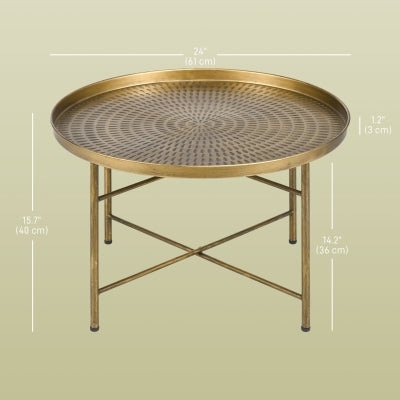Vintage Gold Round Coffee Table: Hammered Tray Top, Durable Metal Frame