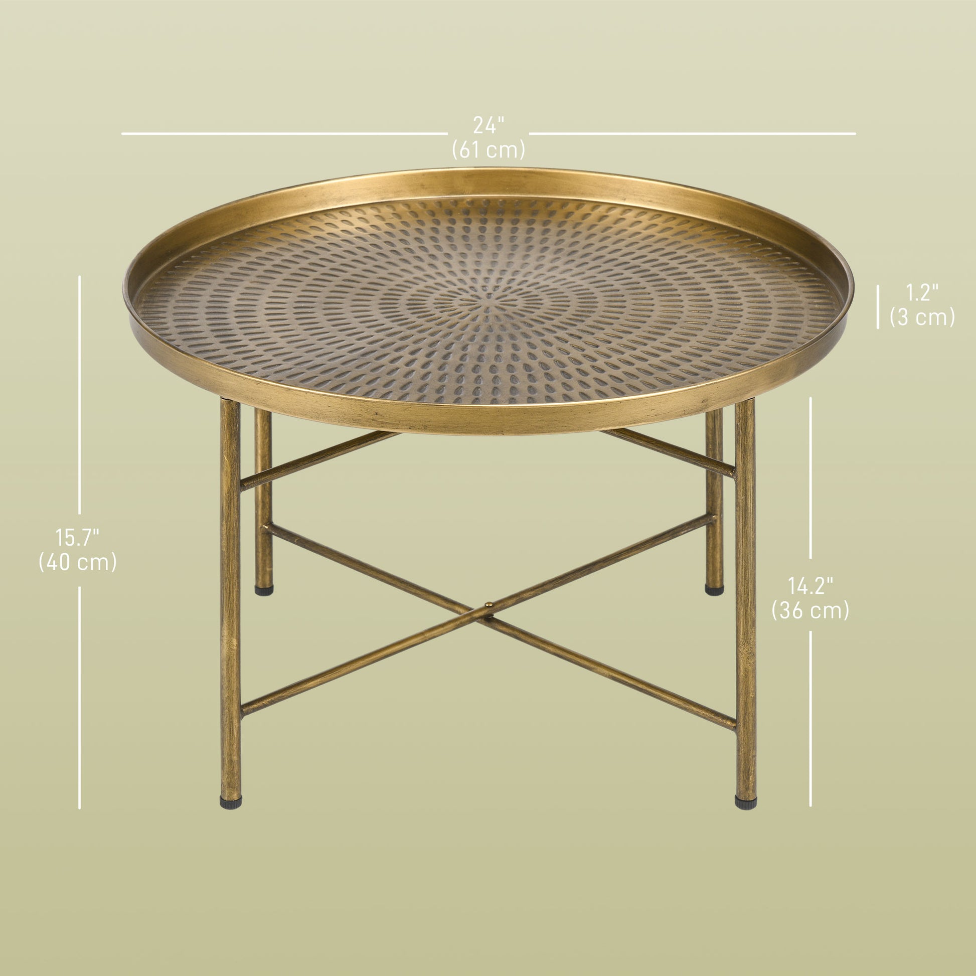 HOMCOM Vintage Gold Round Coffee Table Hammered Tray Top Metal Frame Living Room