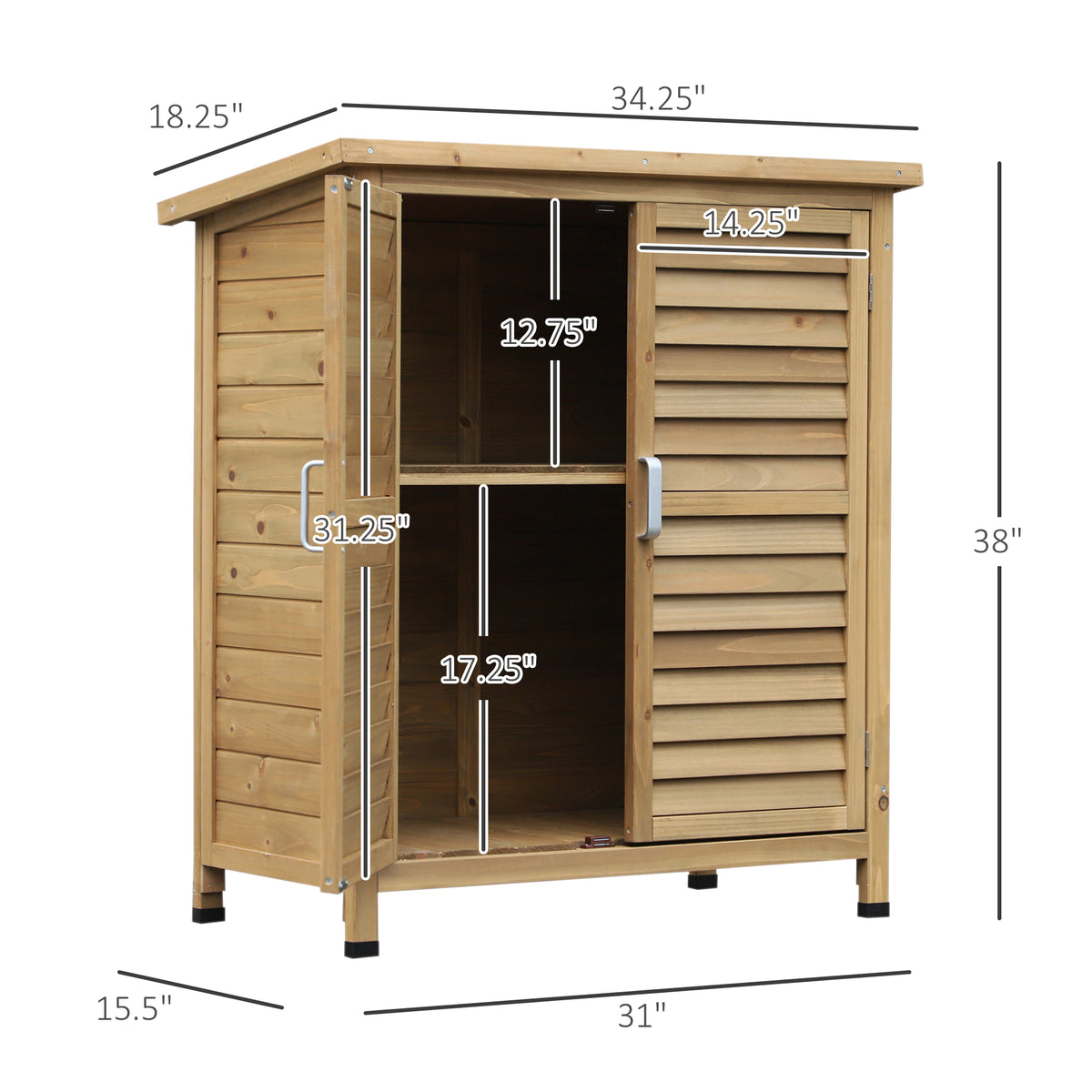 Wooden Garden Storage Shed Kit Wood Garage Tool Organisation Cabinet with 2 Door, 34" x 18" x 38" – Natural