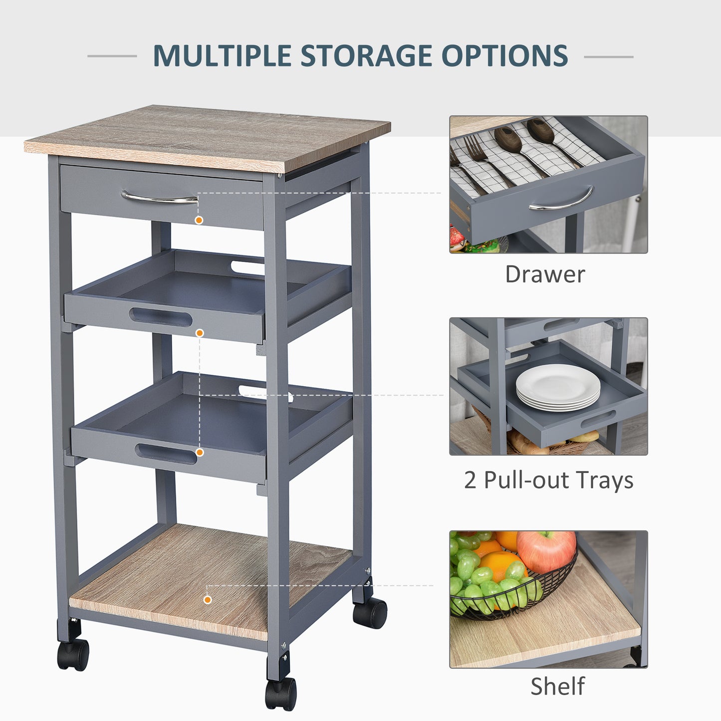 HOMCOM Kitchen Island Rolling Trolley Grey Utility Cart