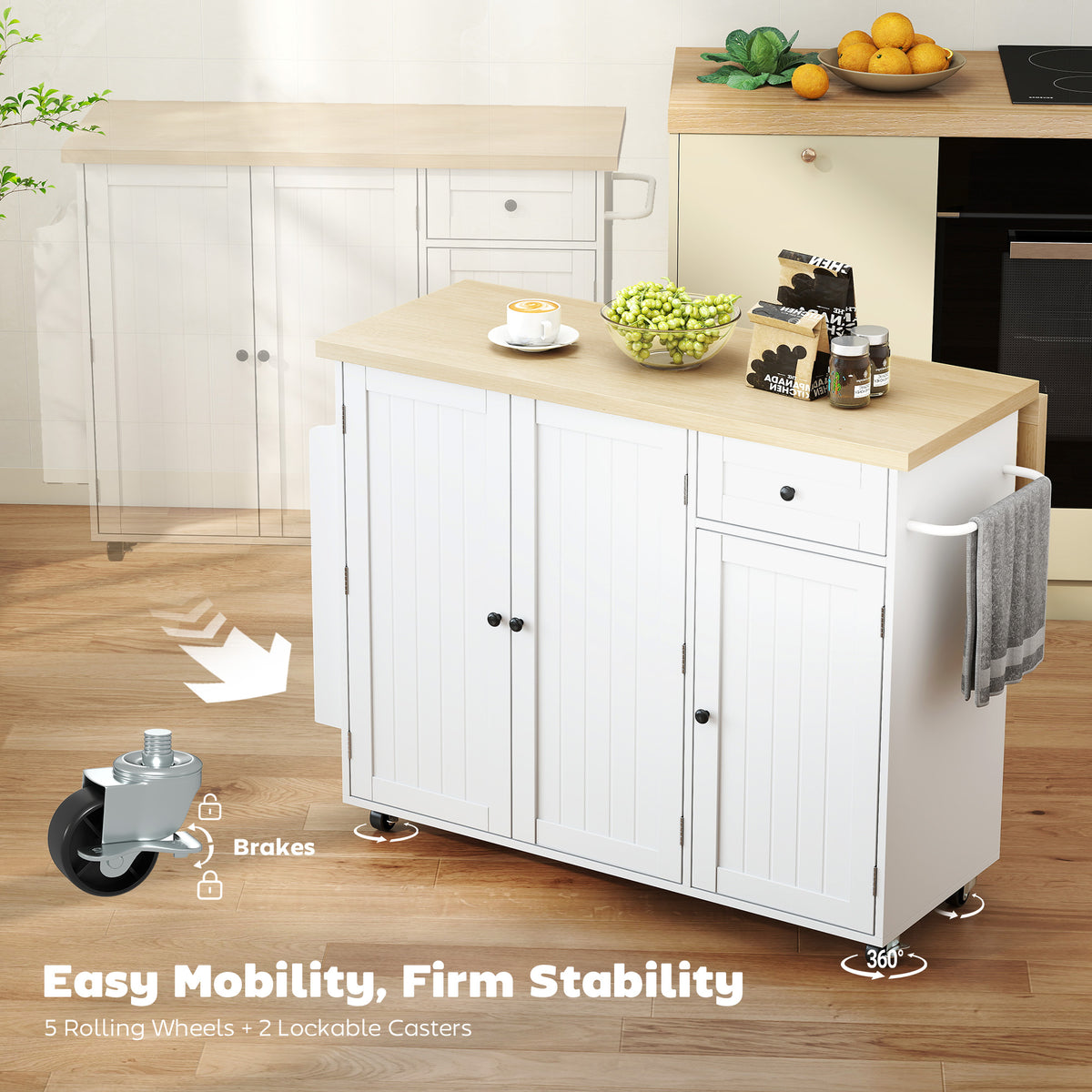 Rolling Kitchen Island Table with Drop Leaf – 49"W x 36"H