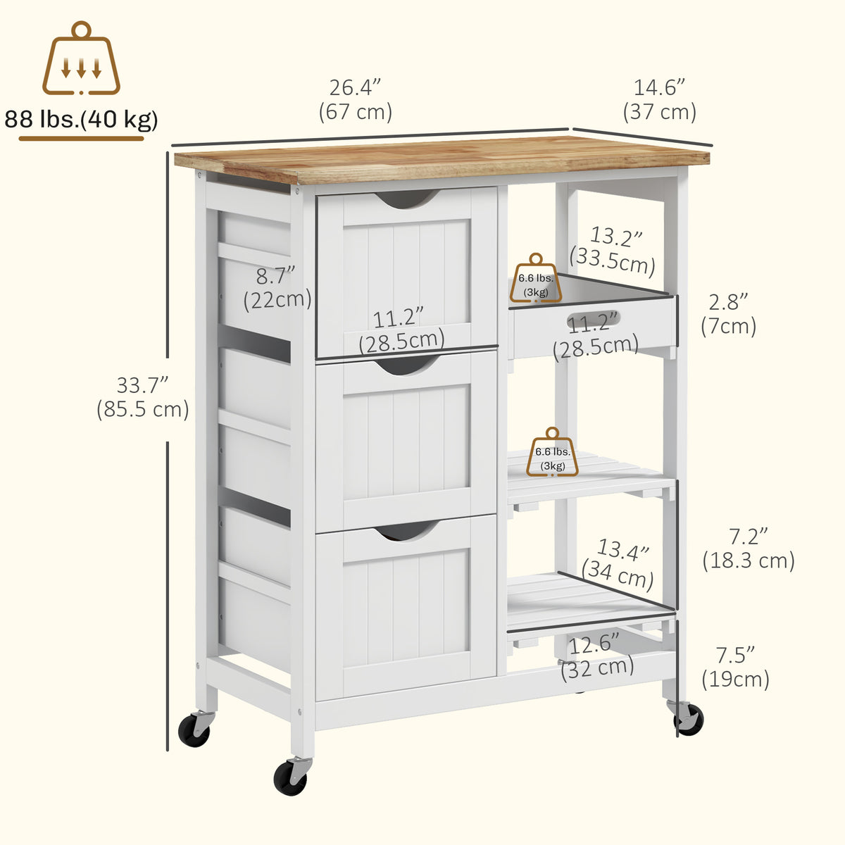 Rolling Kitchen Island Cart with Wood Top – 26"W x 34"H