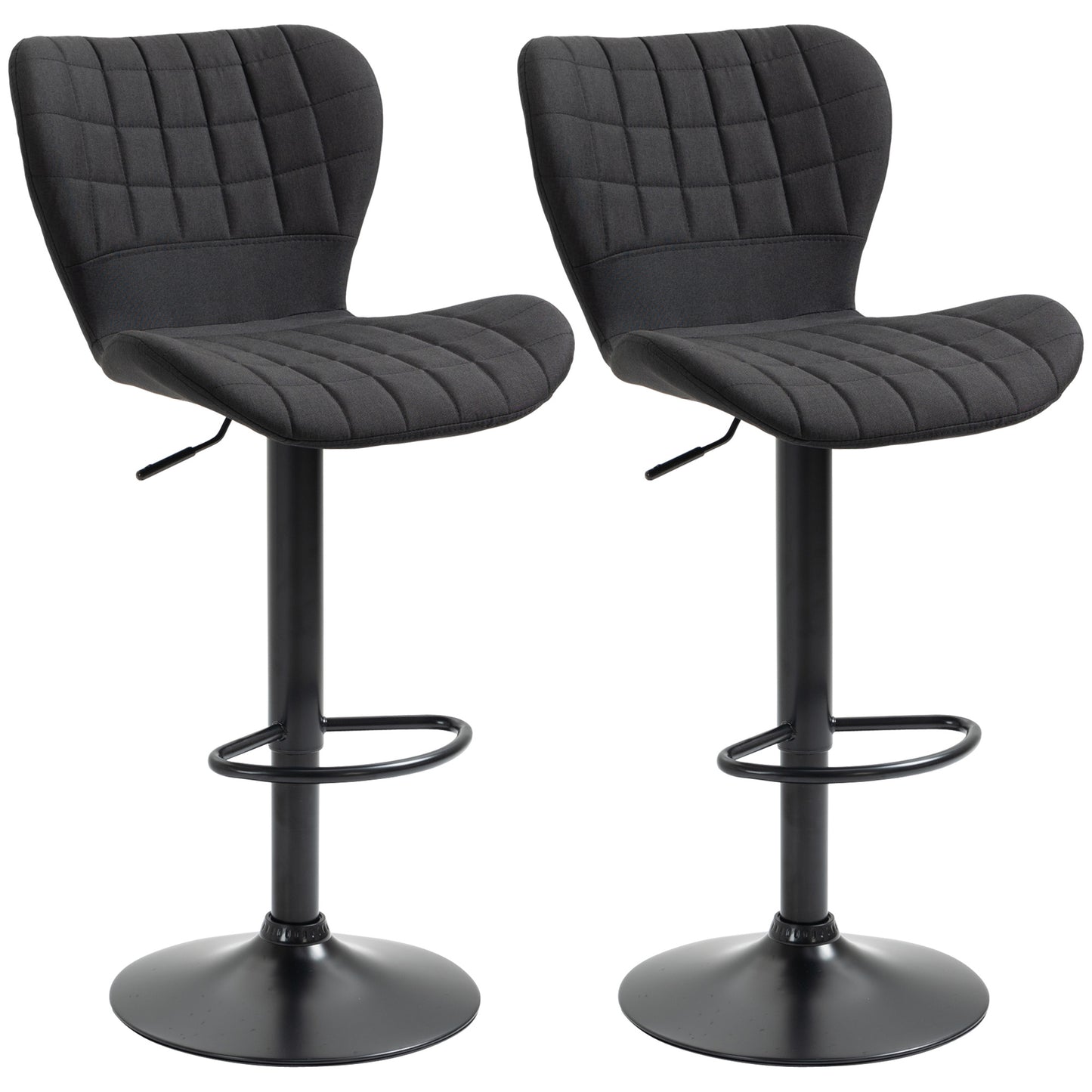Set of 2 Adjustable Height Swivel Bar Stools, Linen Fabric, Backrest, Footrest, Black
