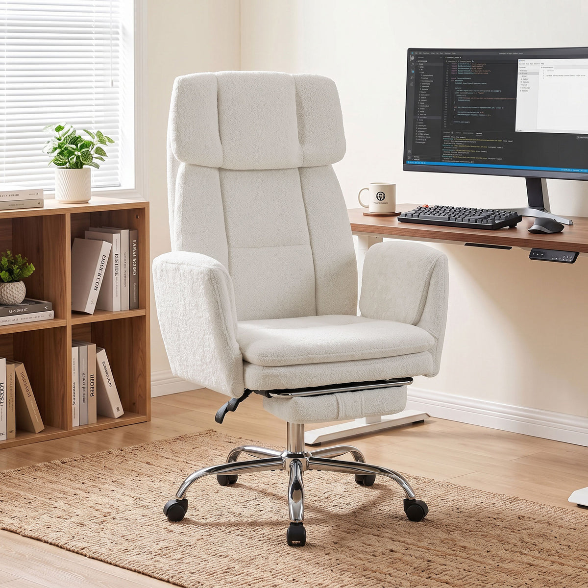 Big and Tall Office Chair with Flip Armrests for Cross Legged Sitting, Cream