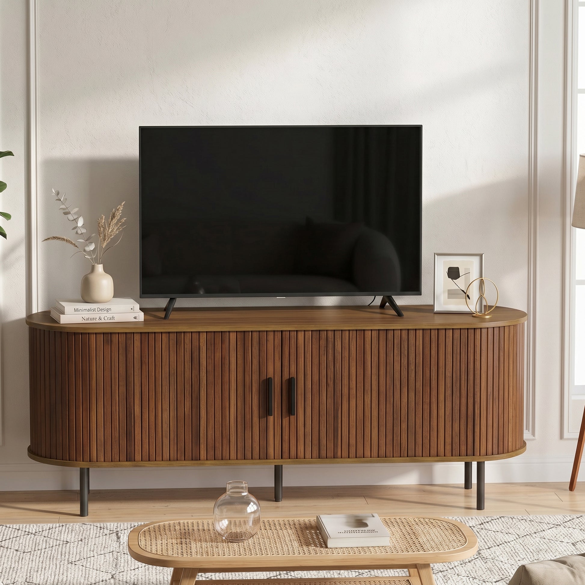 HOMCOM TV Stand Curved Sliding Doors Walnut Brown 60"