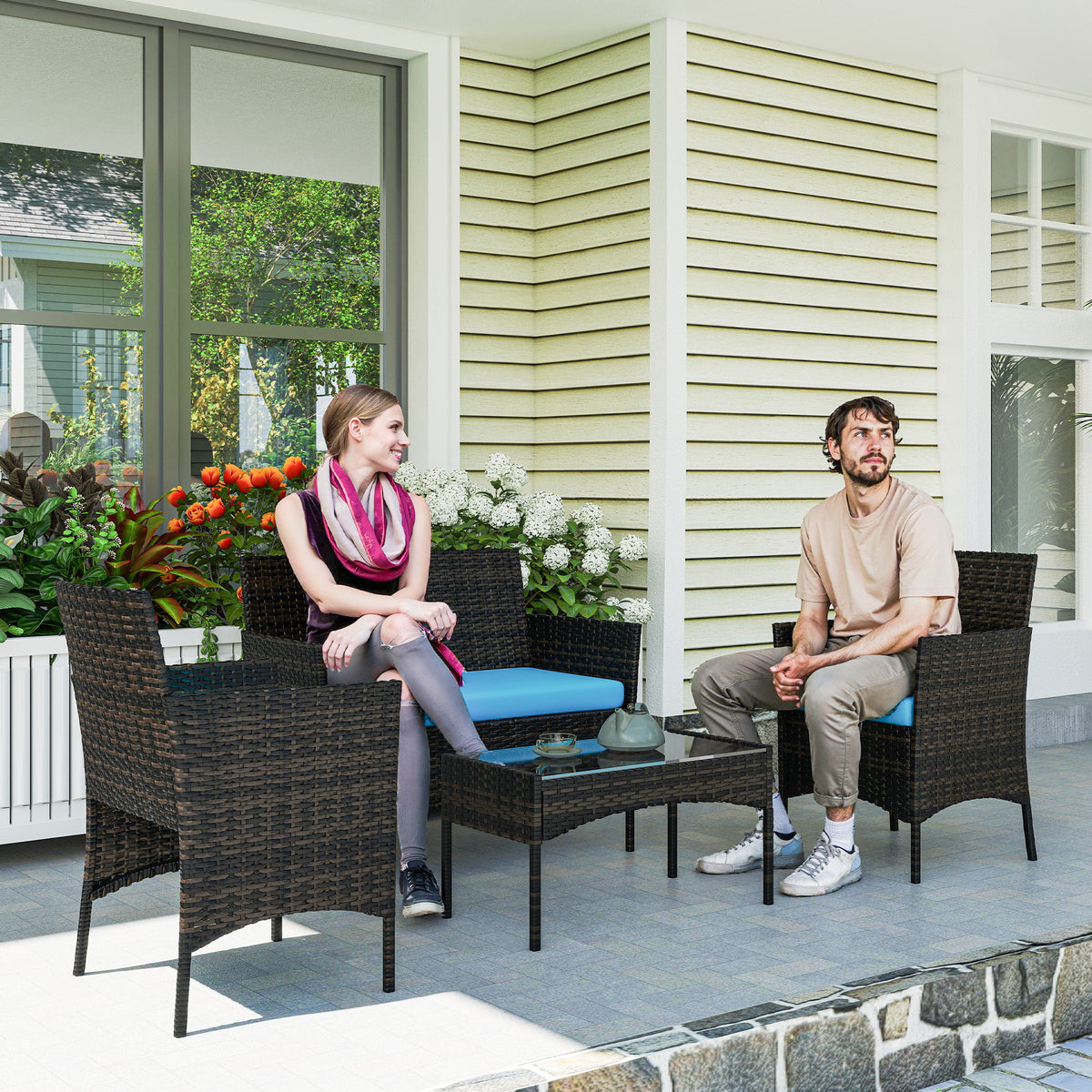 4 Pieces Wicker Outdoor Balcony Furniture Set, Rattan Patio Furniture Set with Loveseat Chairs Glass Coffee Table – Turquoise