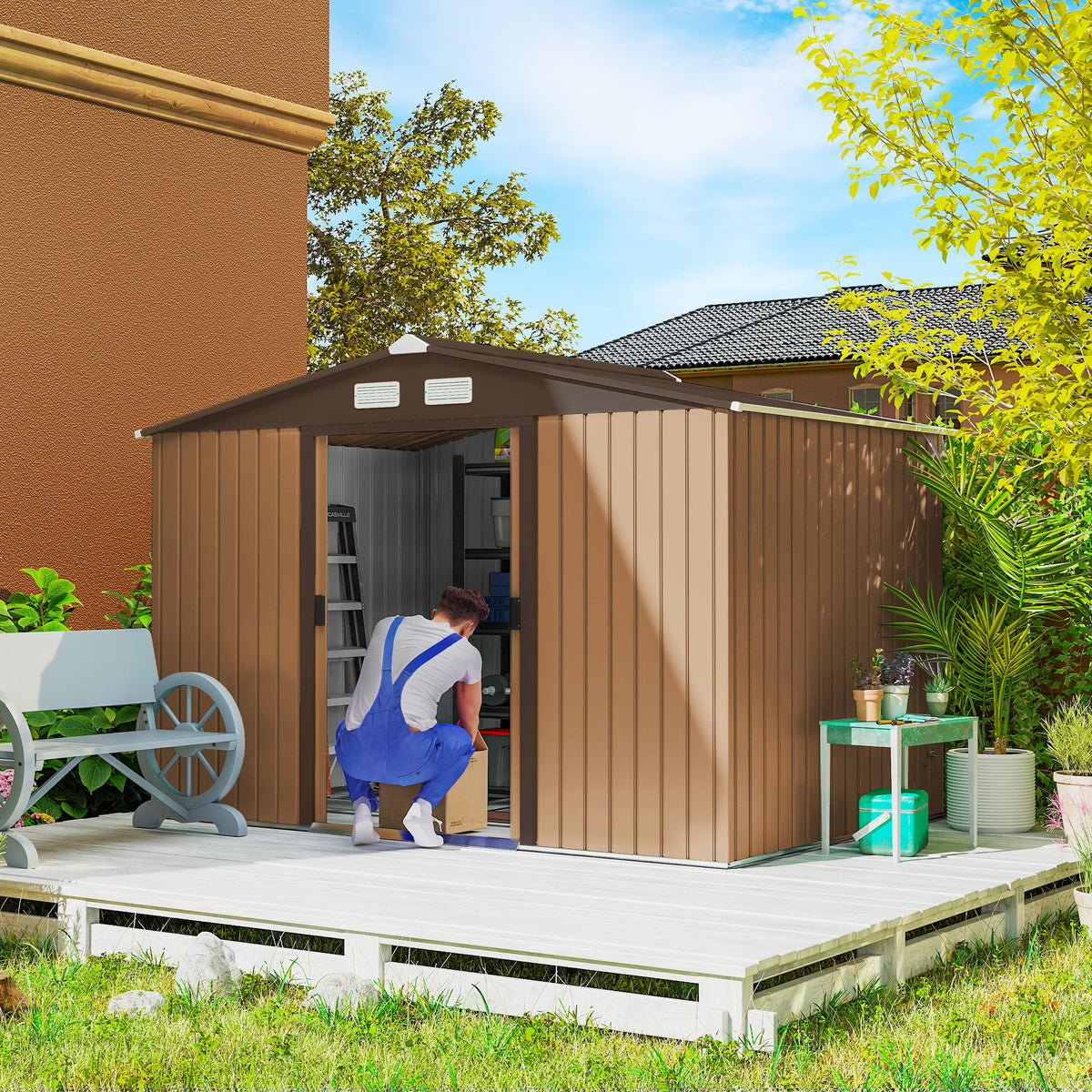 9.1'x6.4'x6.3' Garden Storage Shed, Outdoor Storage Tool House with Vents, Foundation and Lockable Double Doors – Yellow