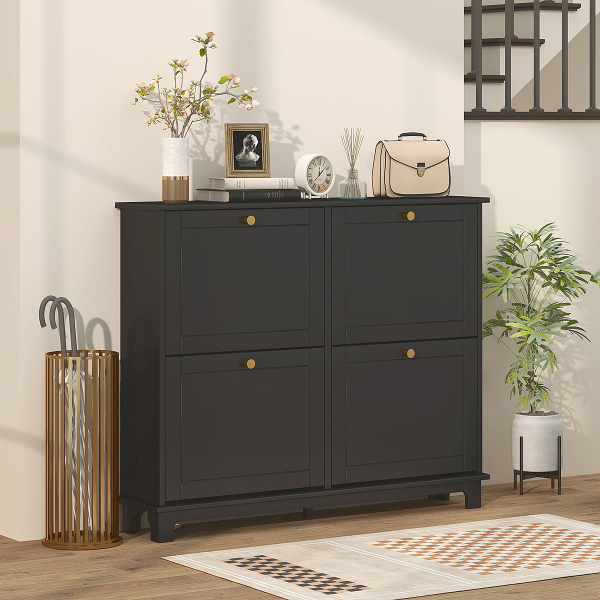 Modern Narrow Shoe Cabinet with 4 Flip Drawers – 47"W x 34"H