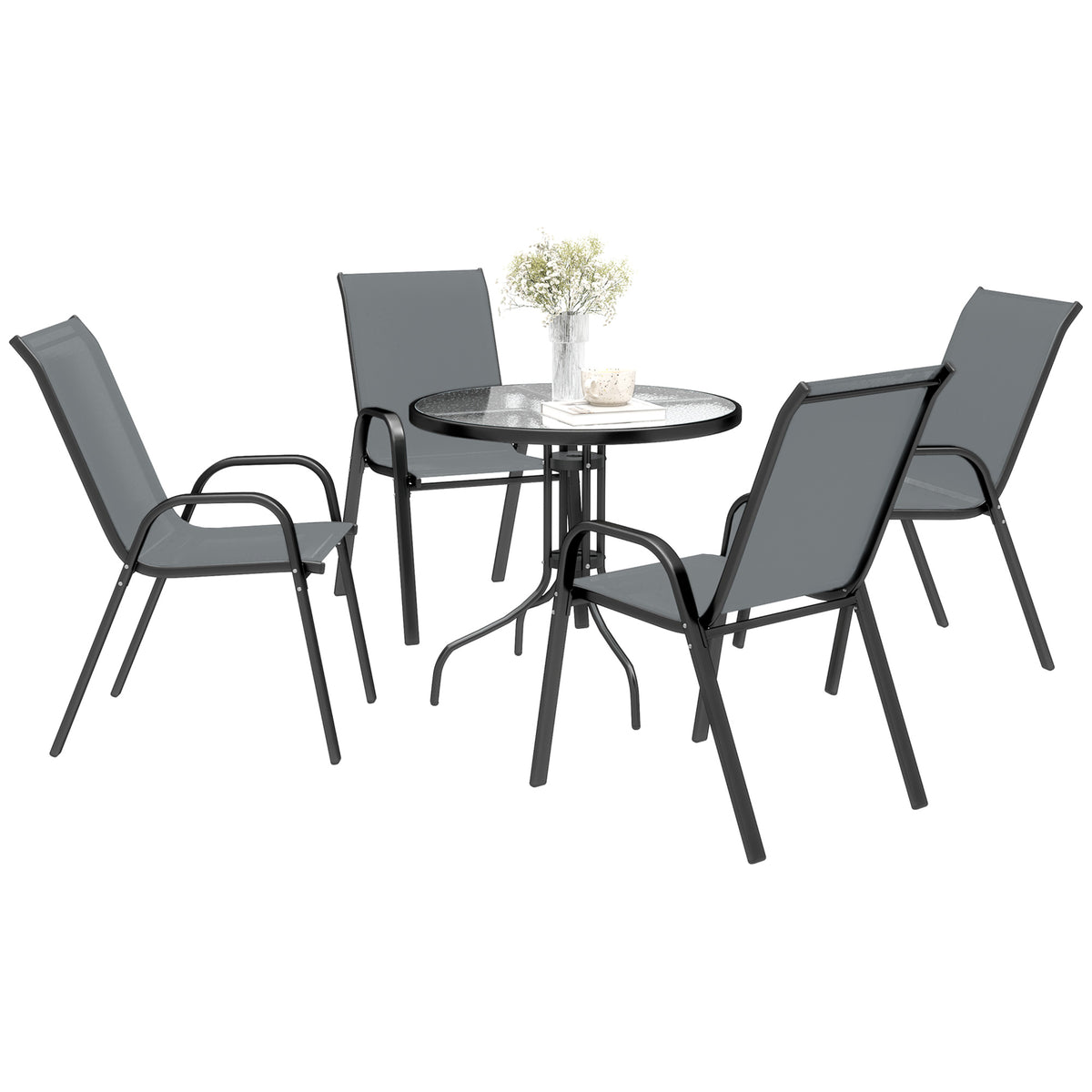 Five-Piece Steel Patio Set, with Glass-Top Table - – Dark Grey