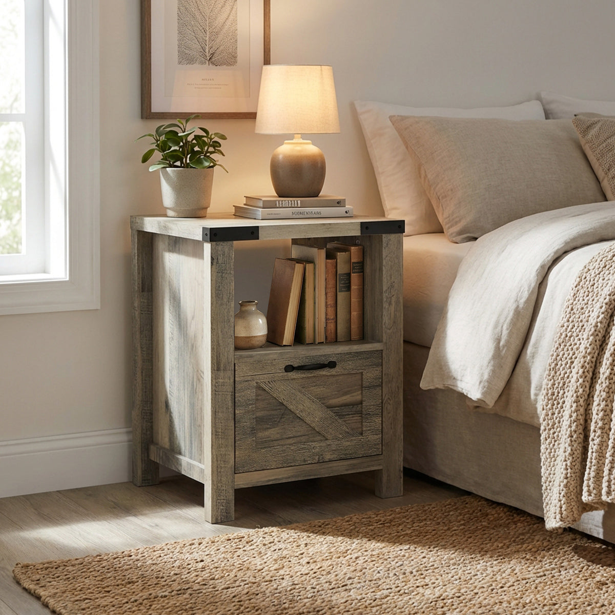 Farmhouse Nightstand with Drawer and Barn-Style Panel – 18"W x 24"H