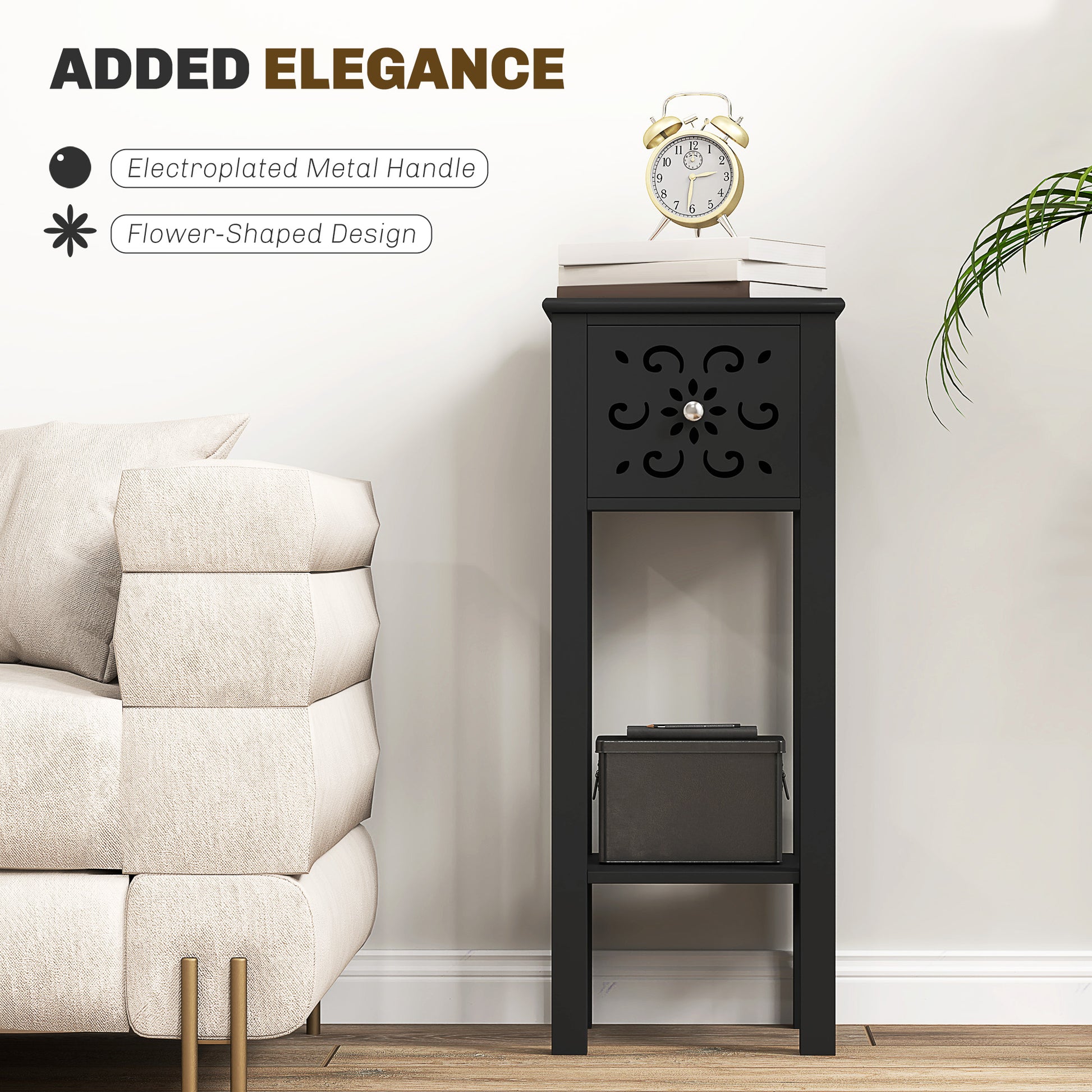 HOMCOM Modern Black Nightstand Set of 2 with Drawer & Open Shelf