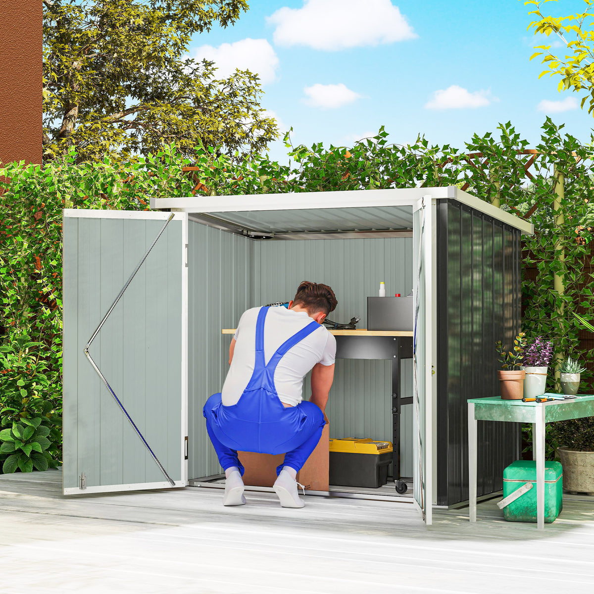 5x3 Lean to Shed with Lockable Door, Durable Metal Shed for Garden, Patio, Lawn