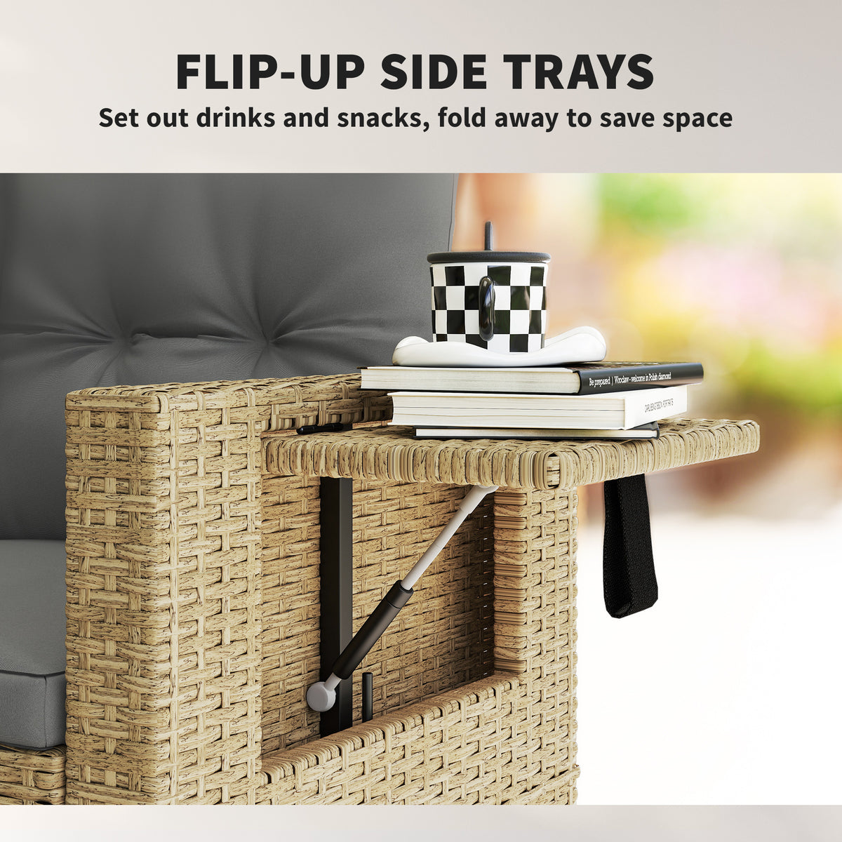 Wicker Outdoor Sofa with Side Trays, Rattan Patio Loveseat with Cushions for Garden Balcony
