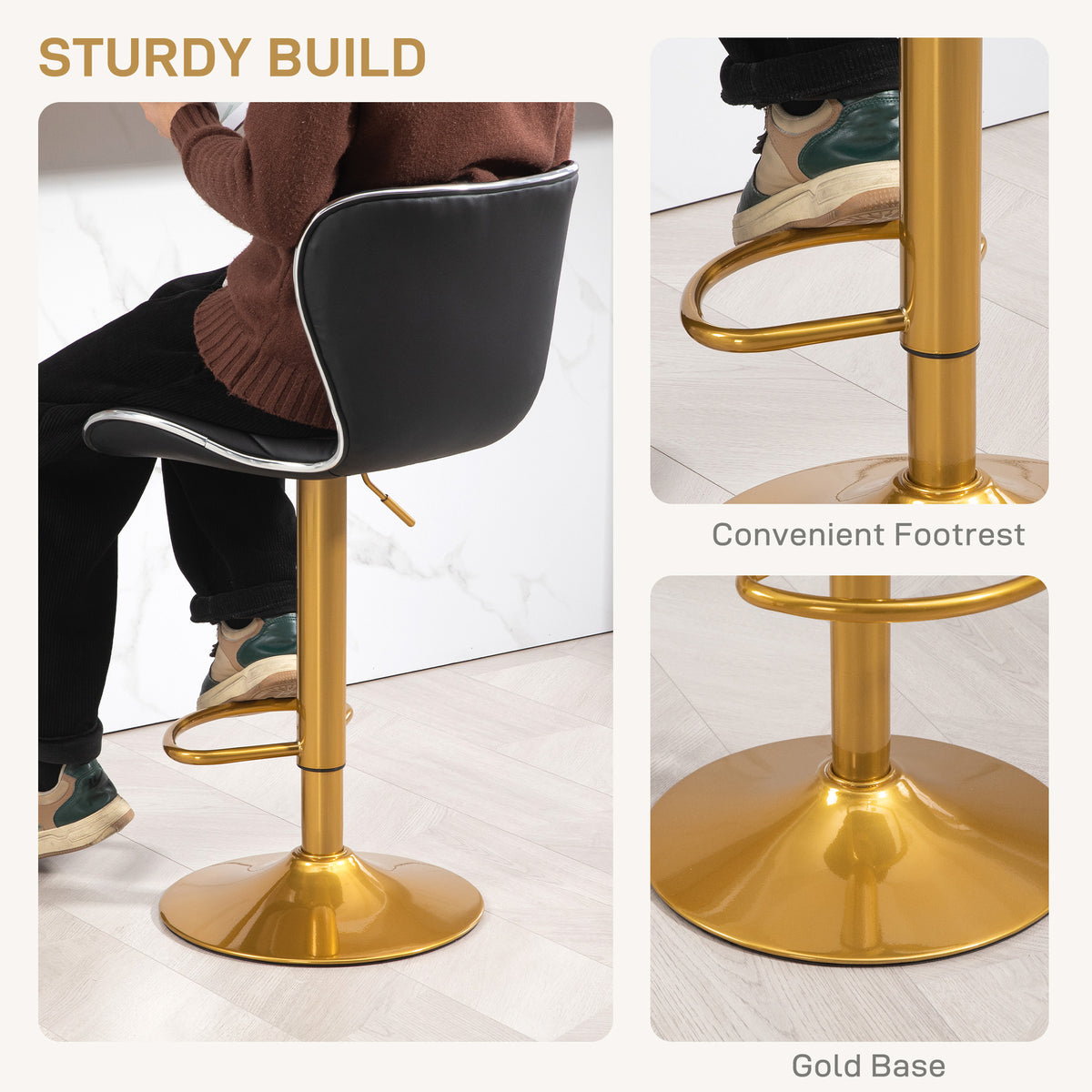 Diamond-Tufted PU Leather Swivel Counter Stools, Gold Base, Set of 2