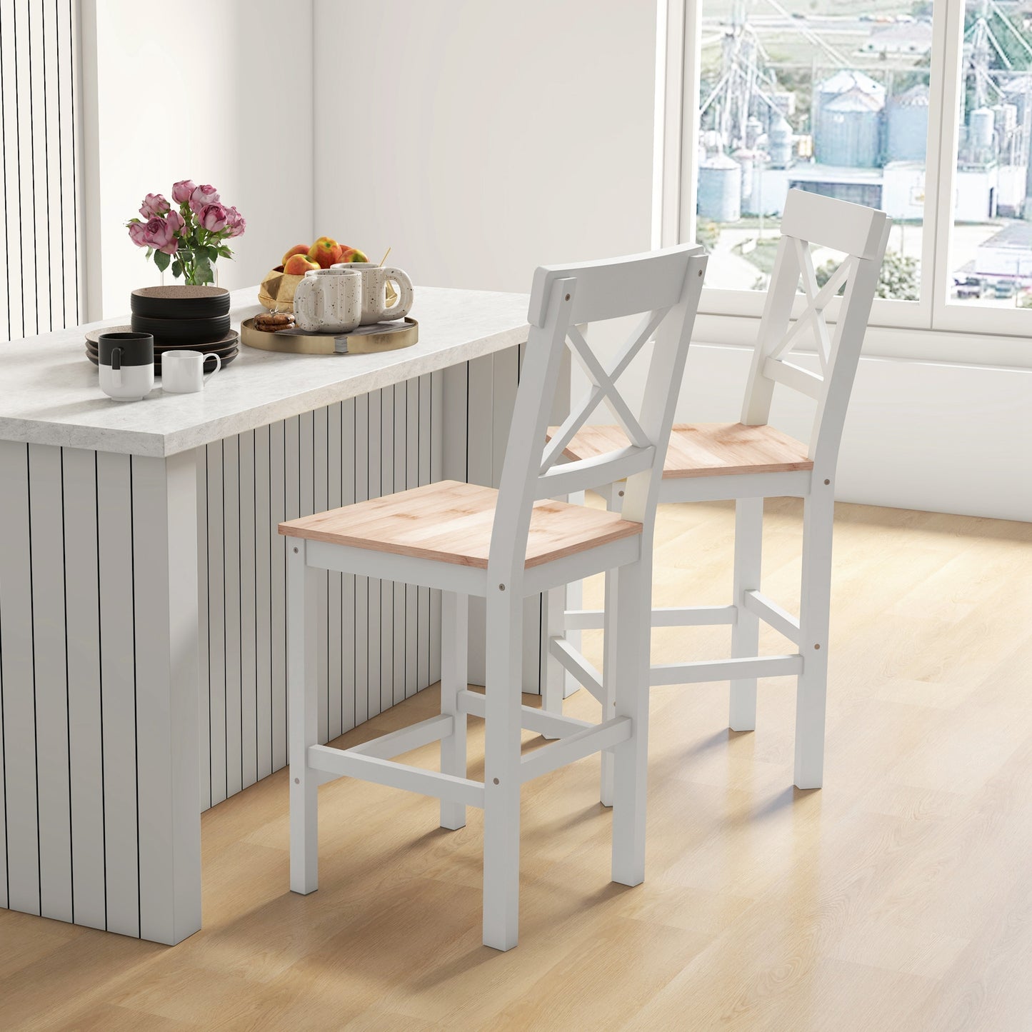 HOMCOM Set of 2 Farmhouse Solid Wood Counter Height Bar Stools