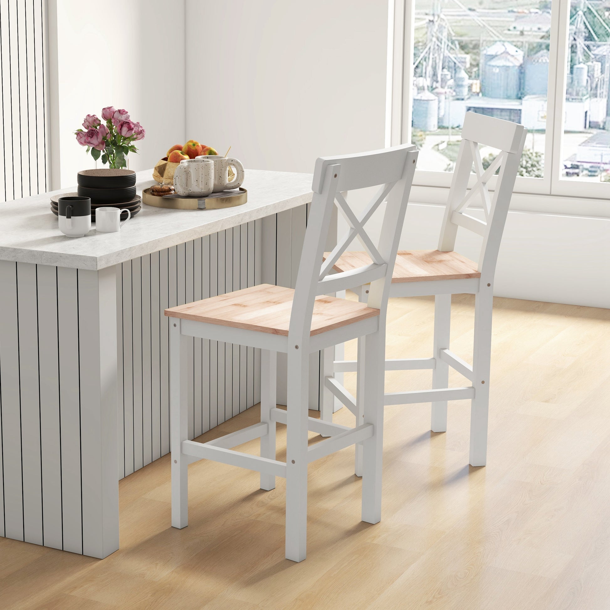 HOMCOM Set of 2 Farmhouse Solid Wood Counter Height Bar Stools