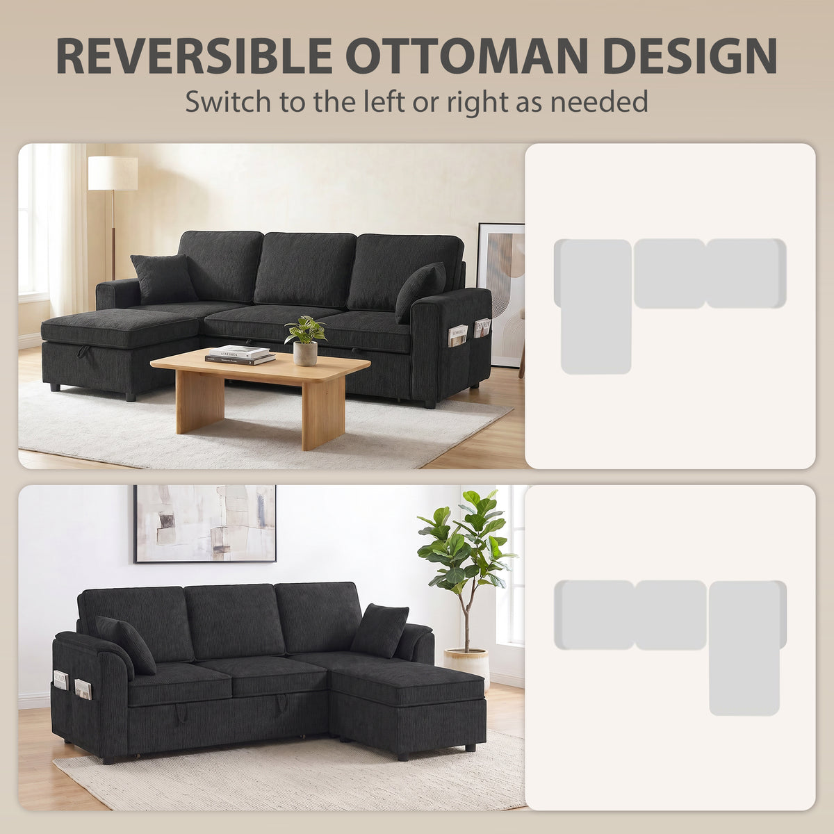 Reversible Pull-Out Sleeper Sectional with Storage Ottoman
