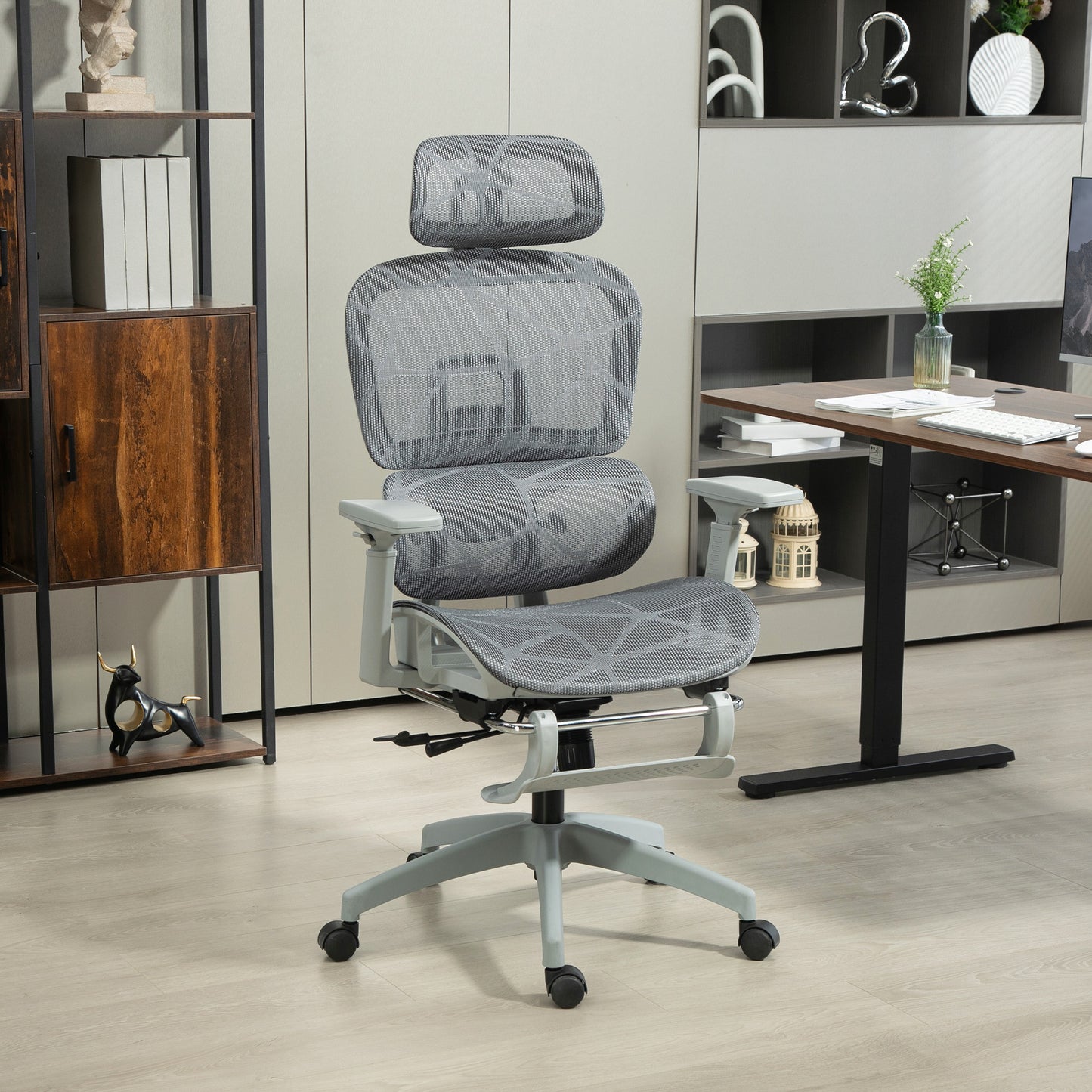 HOMCOM Grey Ergonomic Mesh Office Chair: High Back, 3D Armrests, Lumbar Support, Reclining
