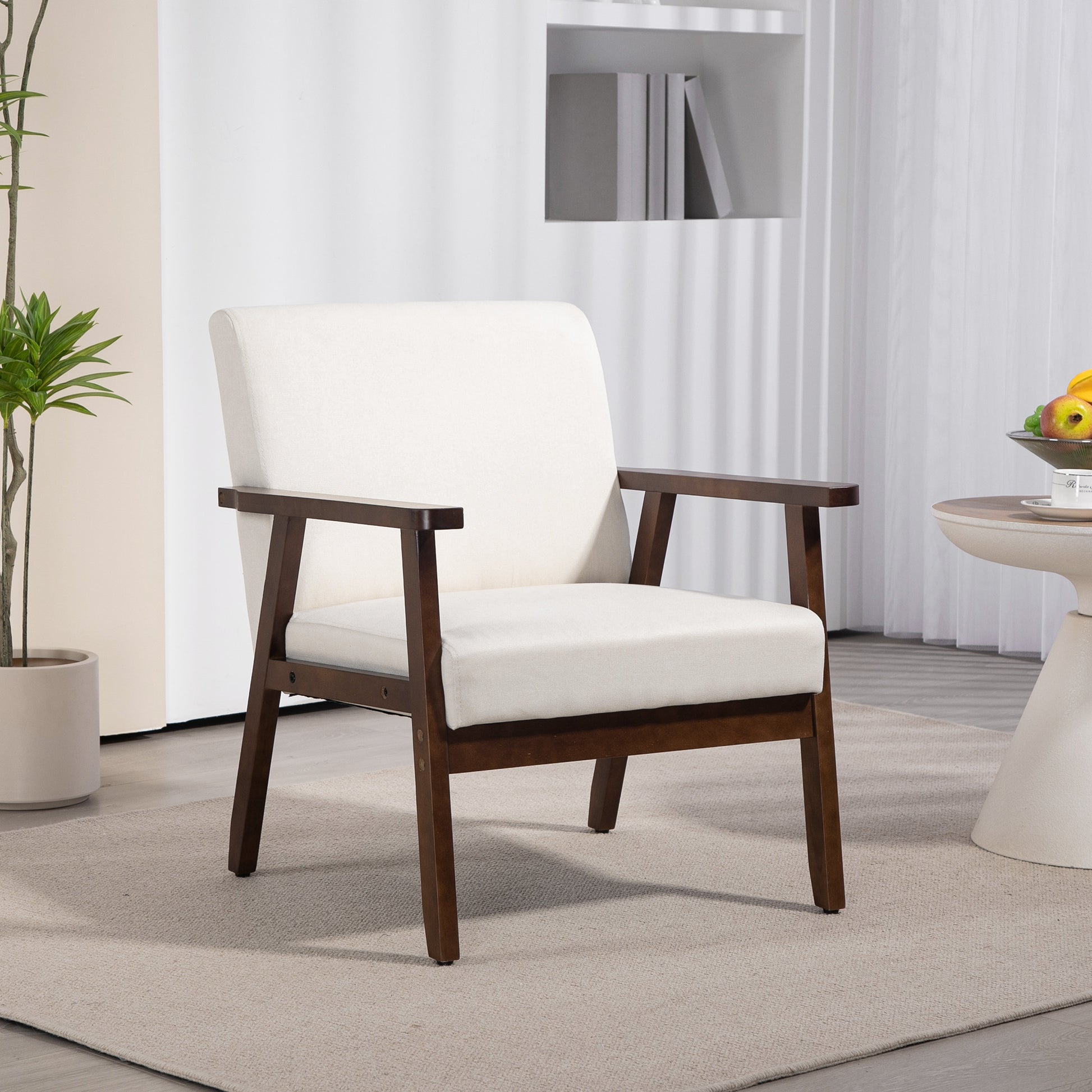 Modern Upholstered Linen-Feel Accent Armchair with Cushioned Seat, Cream White